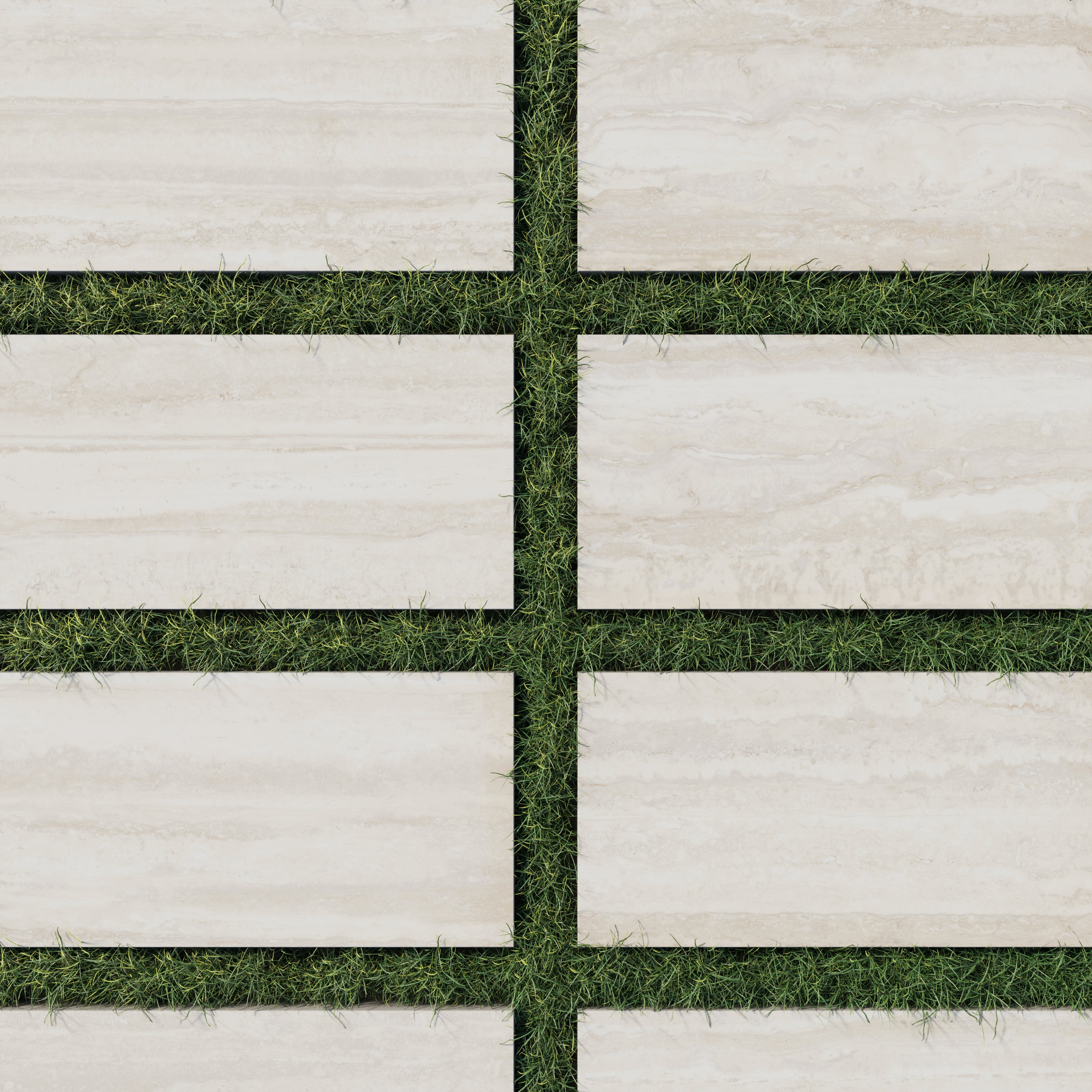 Modern 12x24 soft beige toned porcelain pavers with a 2cm outdoor grip matte finish, elegantly arranged over green grass for a clean outdoor aesthetic.
