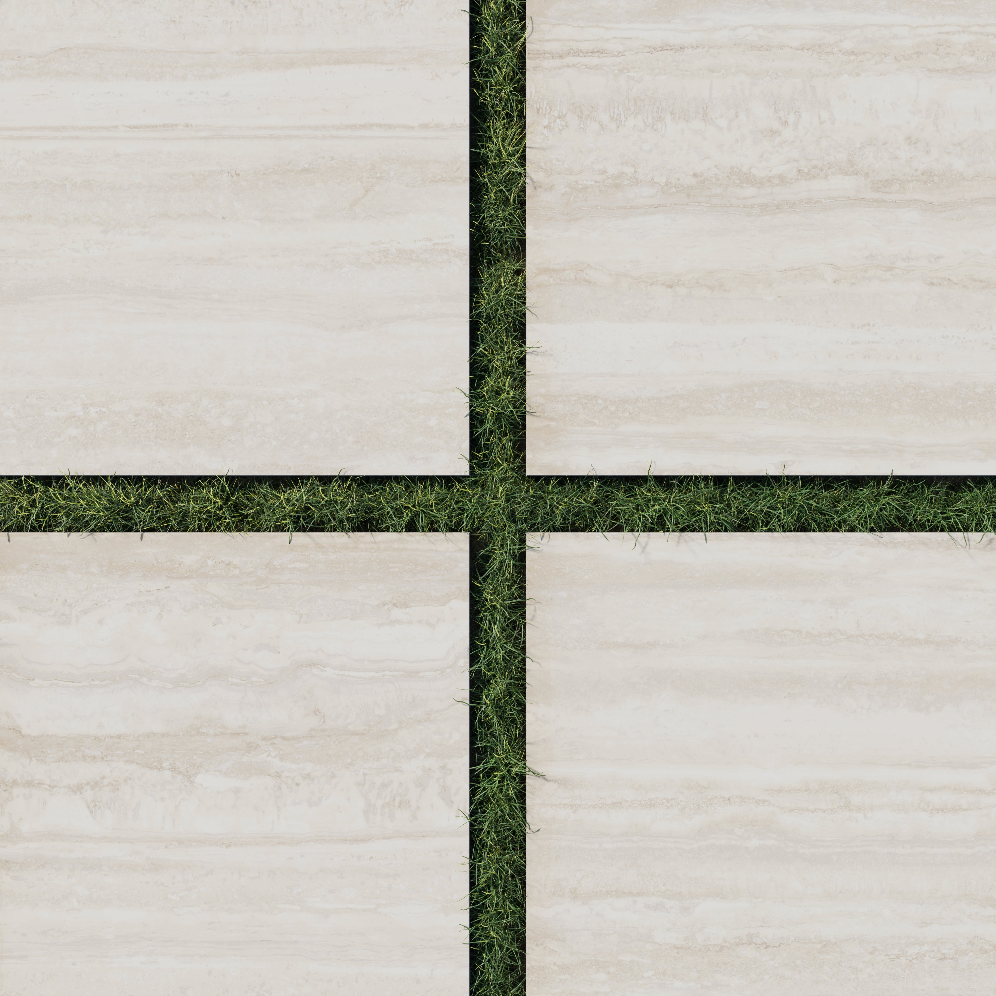 Large Wren 24x24 oat-toned porcelain pavers with a 2cm outdoor grip matte finish, perfectly spaced over lush green grass for a seamless natural design.