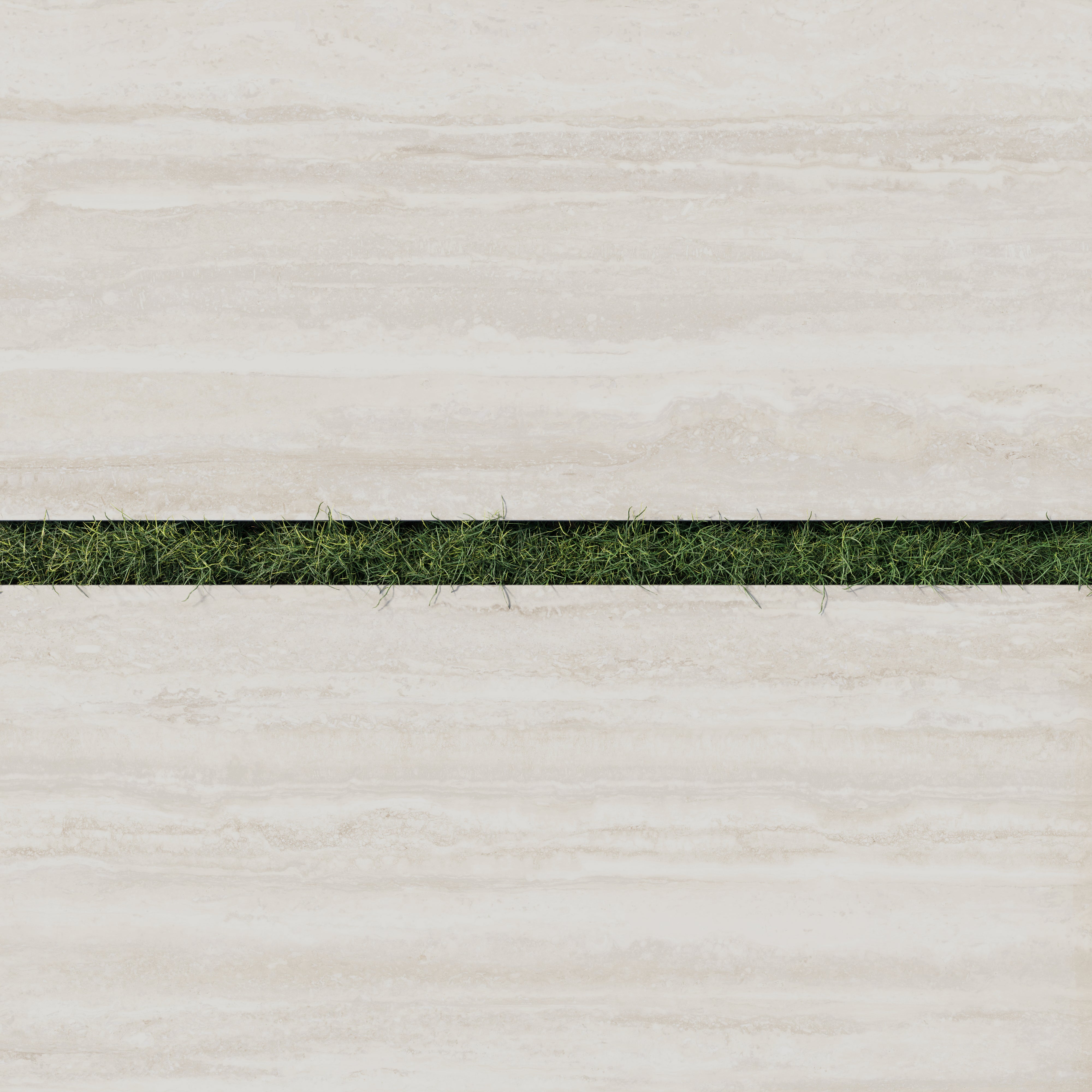 Close-up of Wren 24x48 2cm matte porcelain oat tiles in a soft beige tone, separated by strips of lush green grass for a harmonious outdoor design.