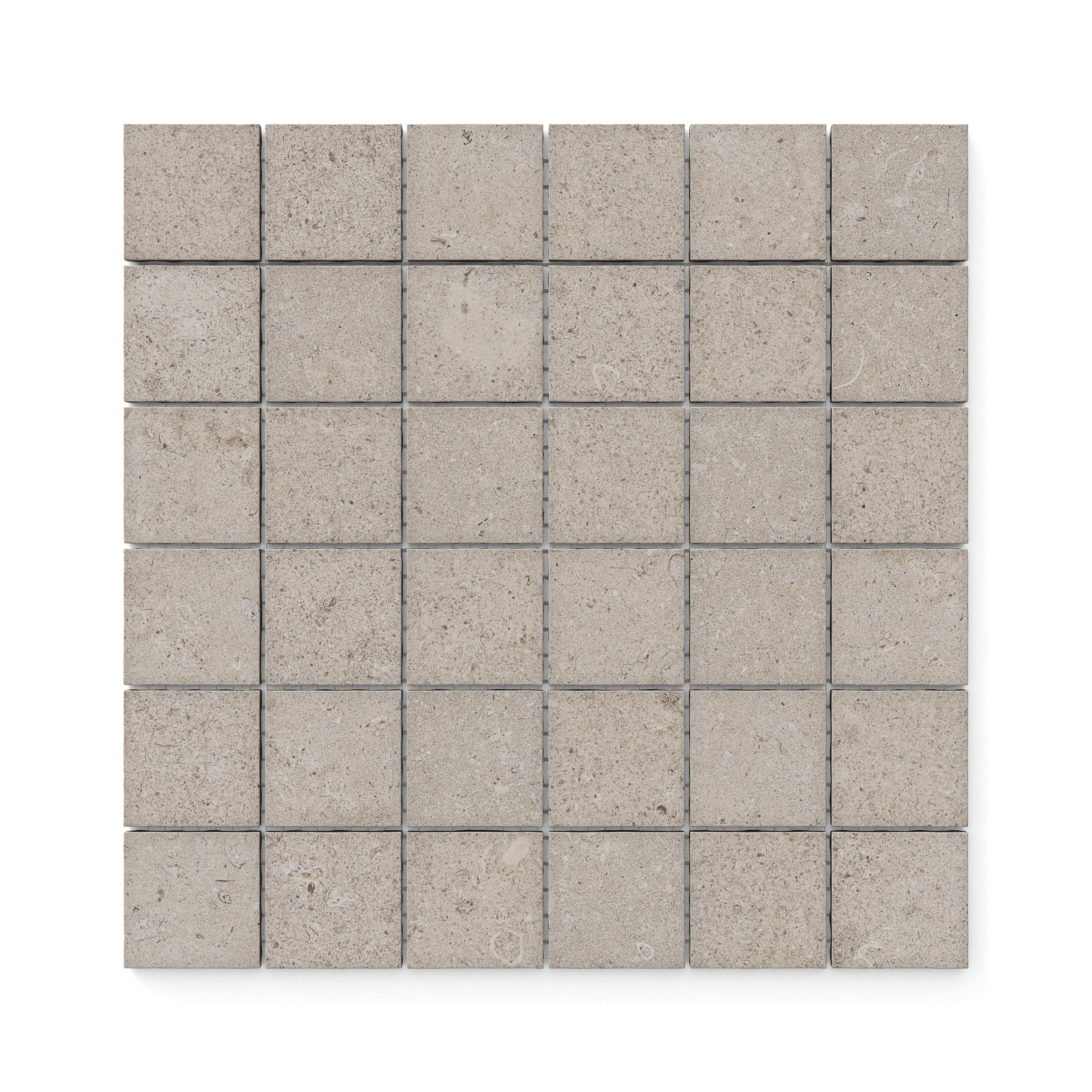 Wren Dune 2x2 matte porcelain mosaic tiles, featuring a soft beige tone and subtle texture for versatile and elegant designs.