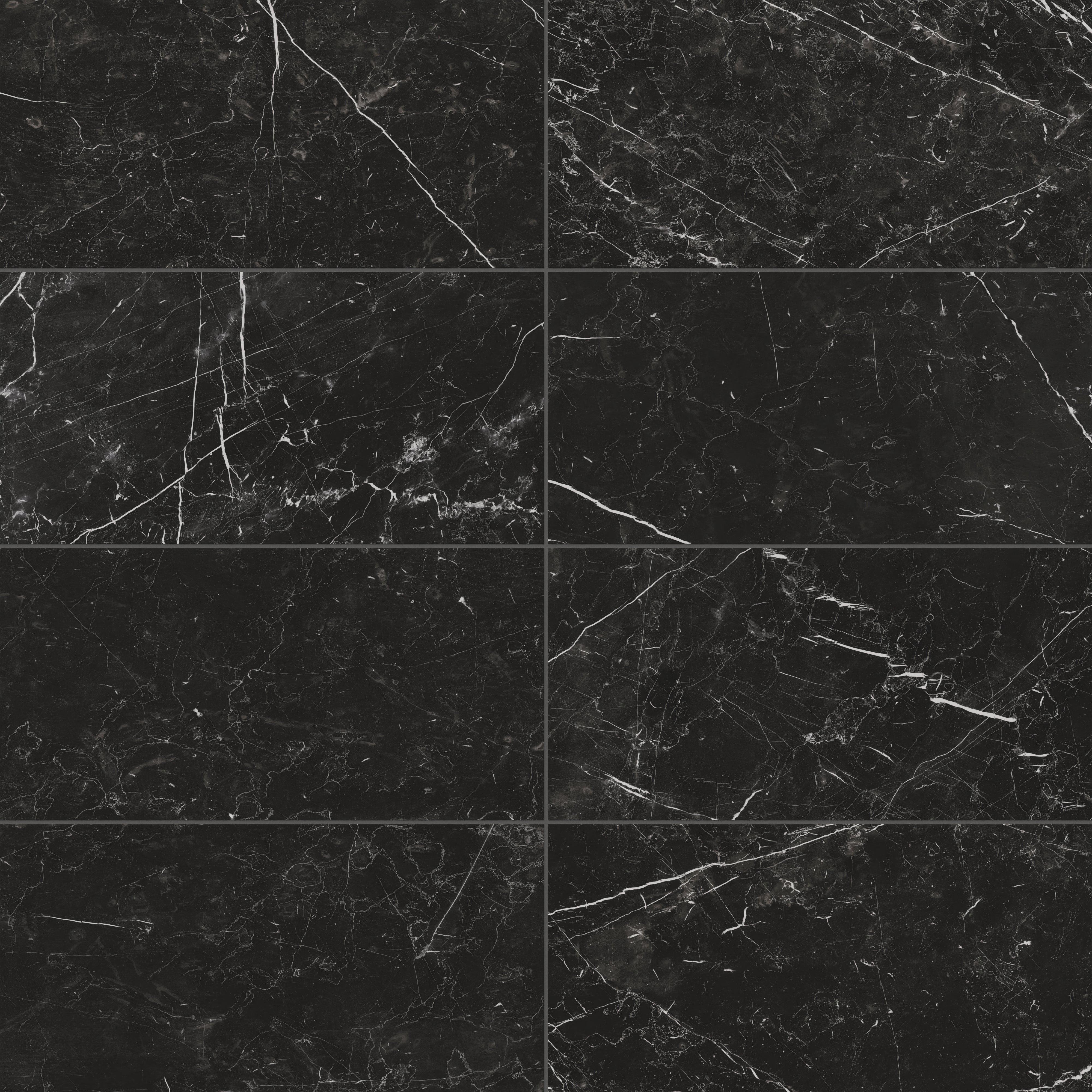 Leona 12x24 matte porcelain tile in Nero Marquina, featuring a bold black base with striking white veining.