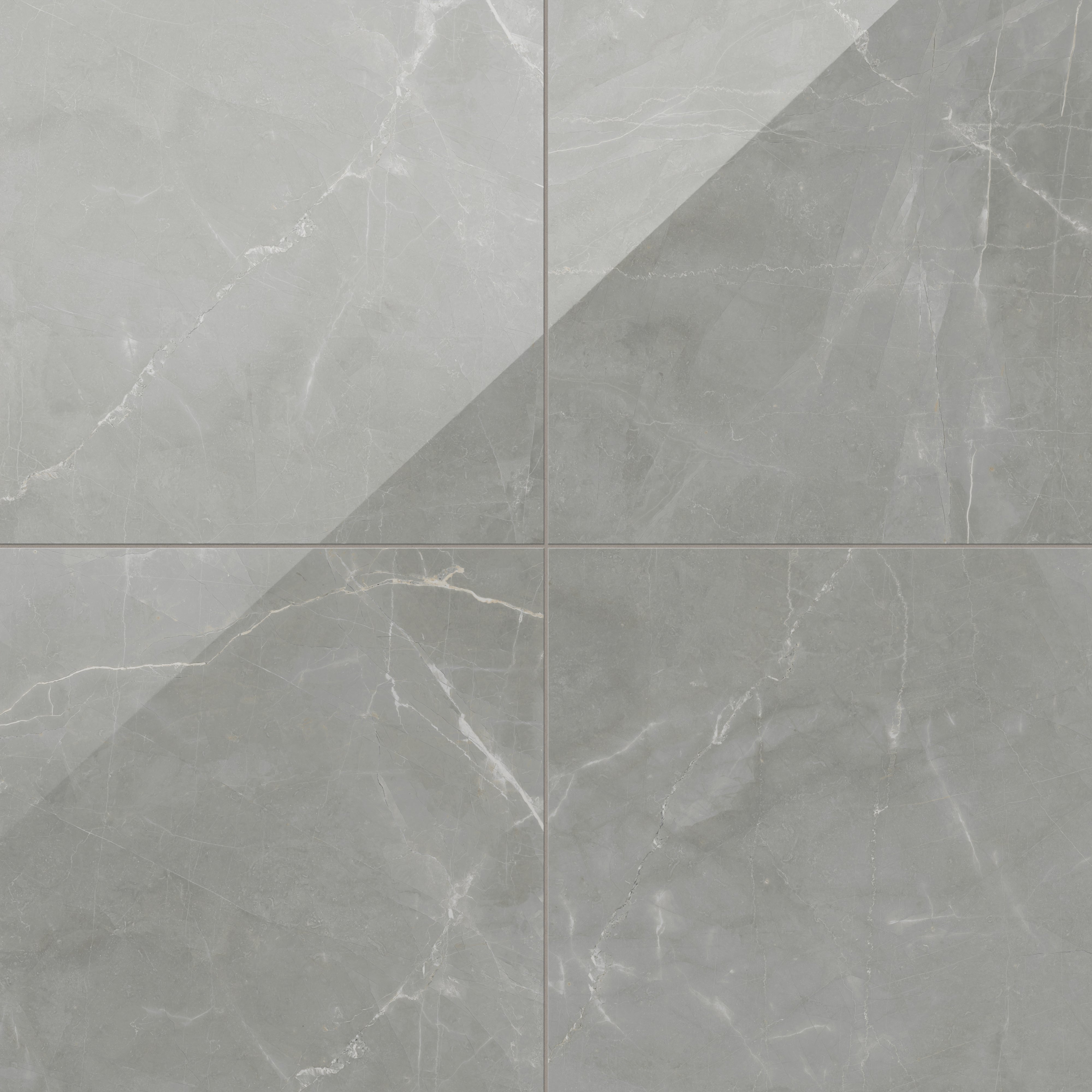 Leona 24x24 polished porcelain tile in Amani Grey, featuring soft gray tones with subtle veining for an elegant finish.