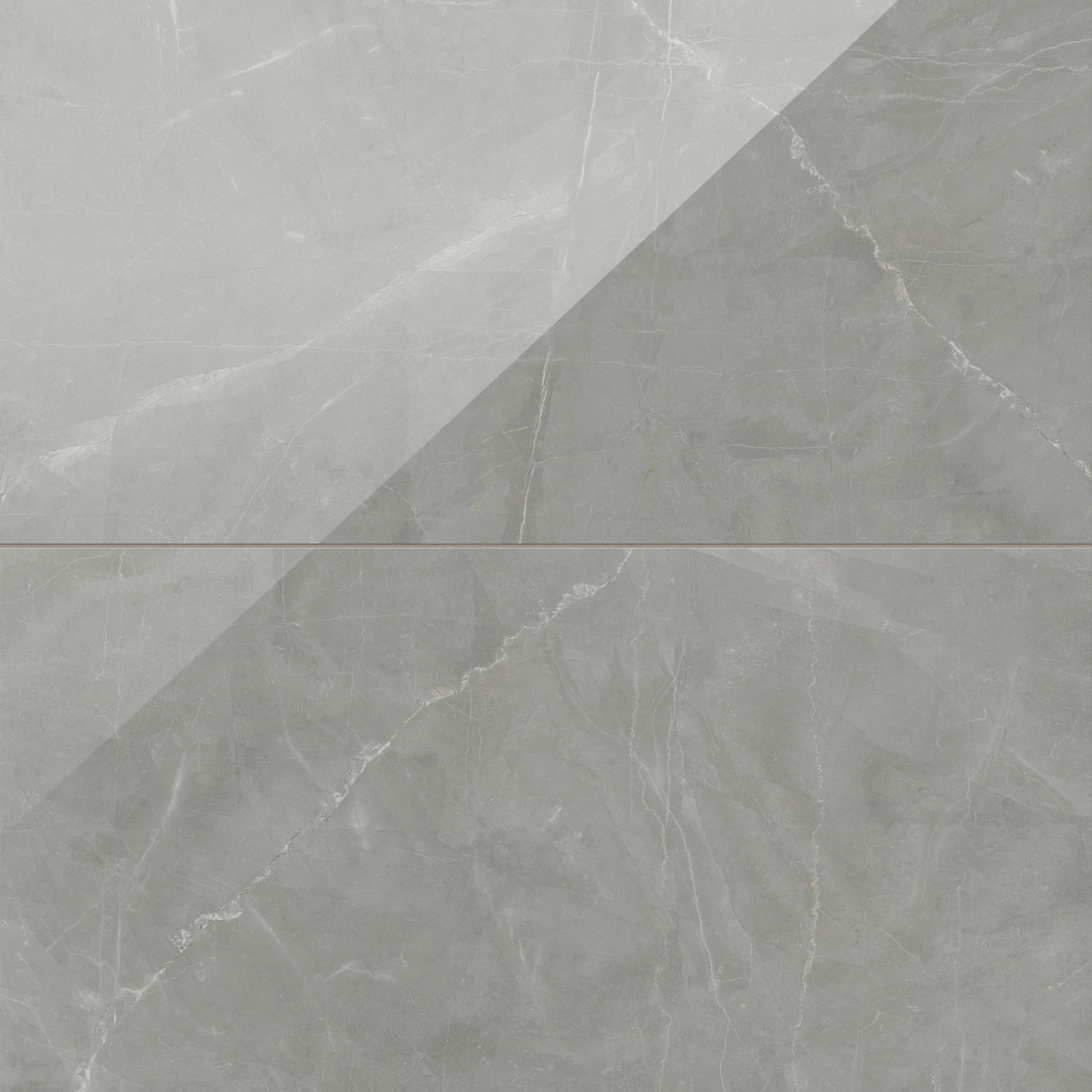 Leona 24x48 polished porcelain tile in Amani Grey, featuring smooth gray tones with elegant marble-inspired veining.