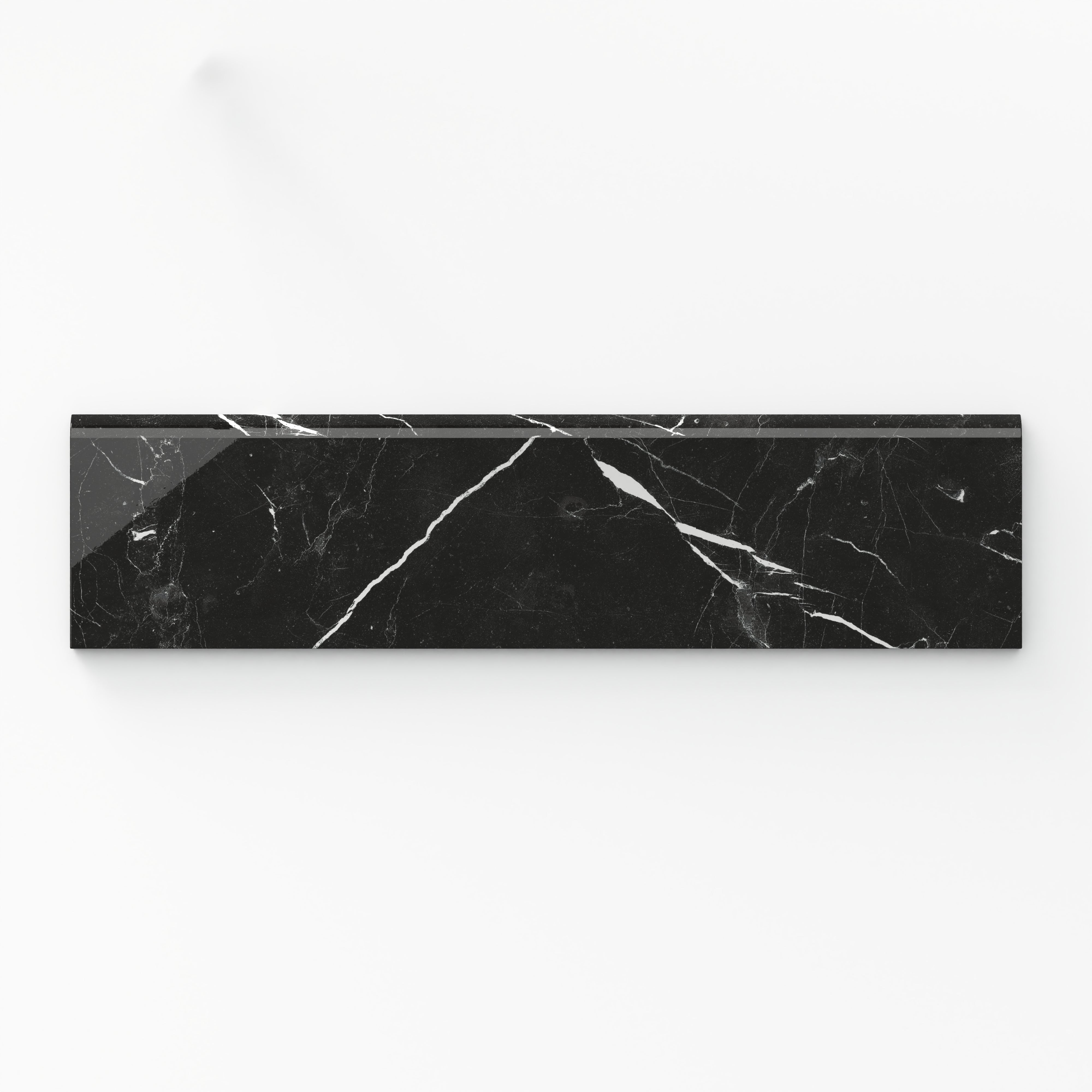 Leona Nero Marquina 3x12 bullnose polished tile showcases black marble with striking white veining, ideal for refined edge detailing.