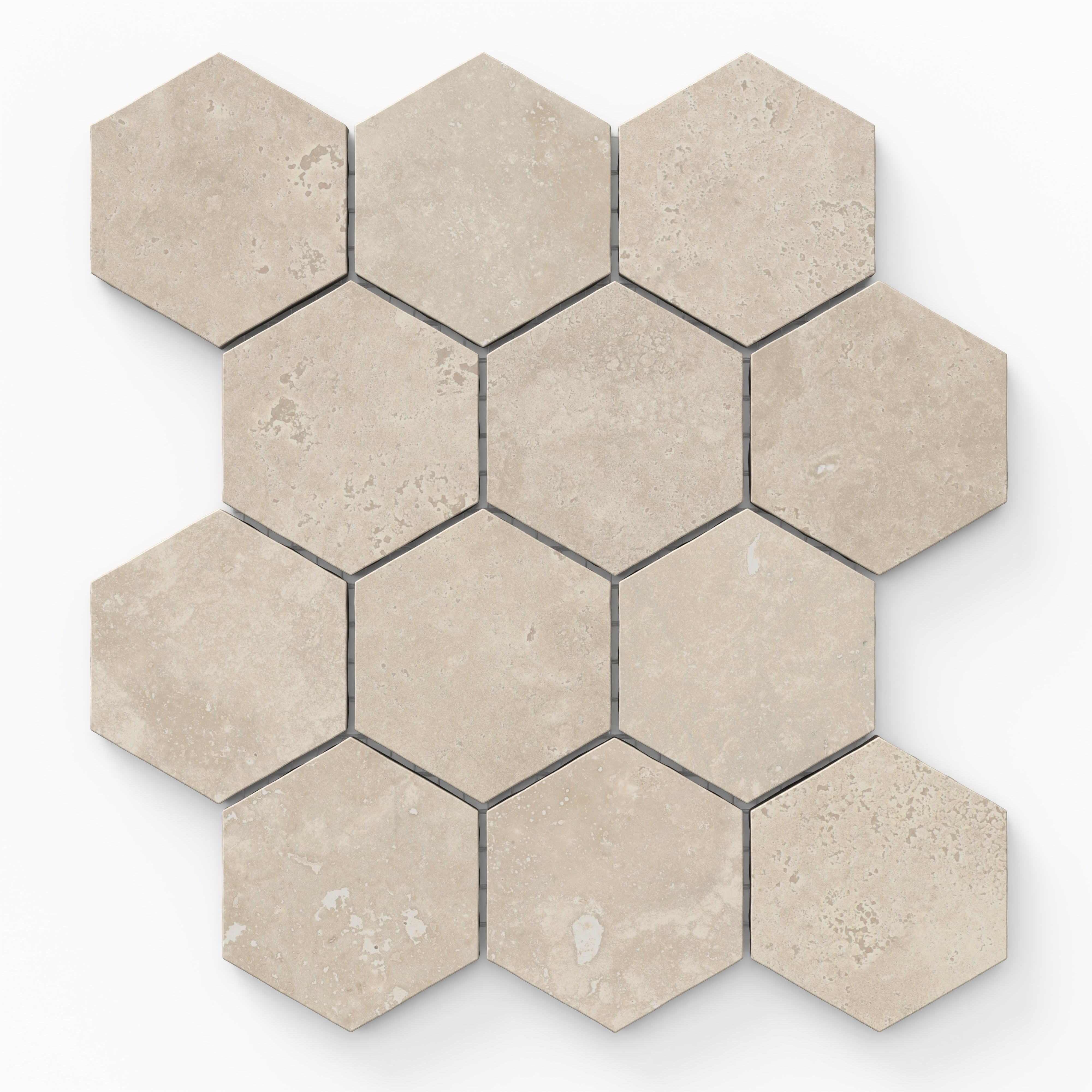 Leona Marfil 3x3 hexagon mosaic matte tile showcases a soft beige hue with subtle texture, perfect for adding understated elegance to any design.