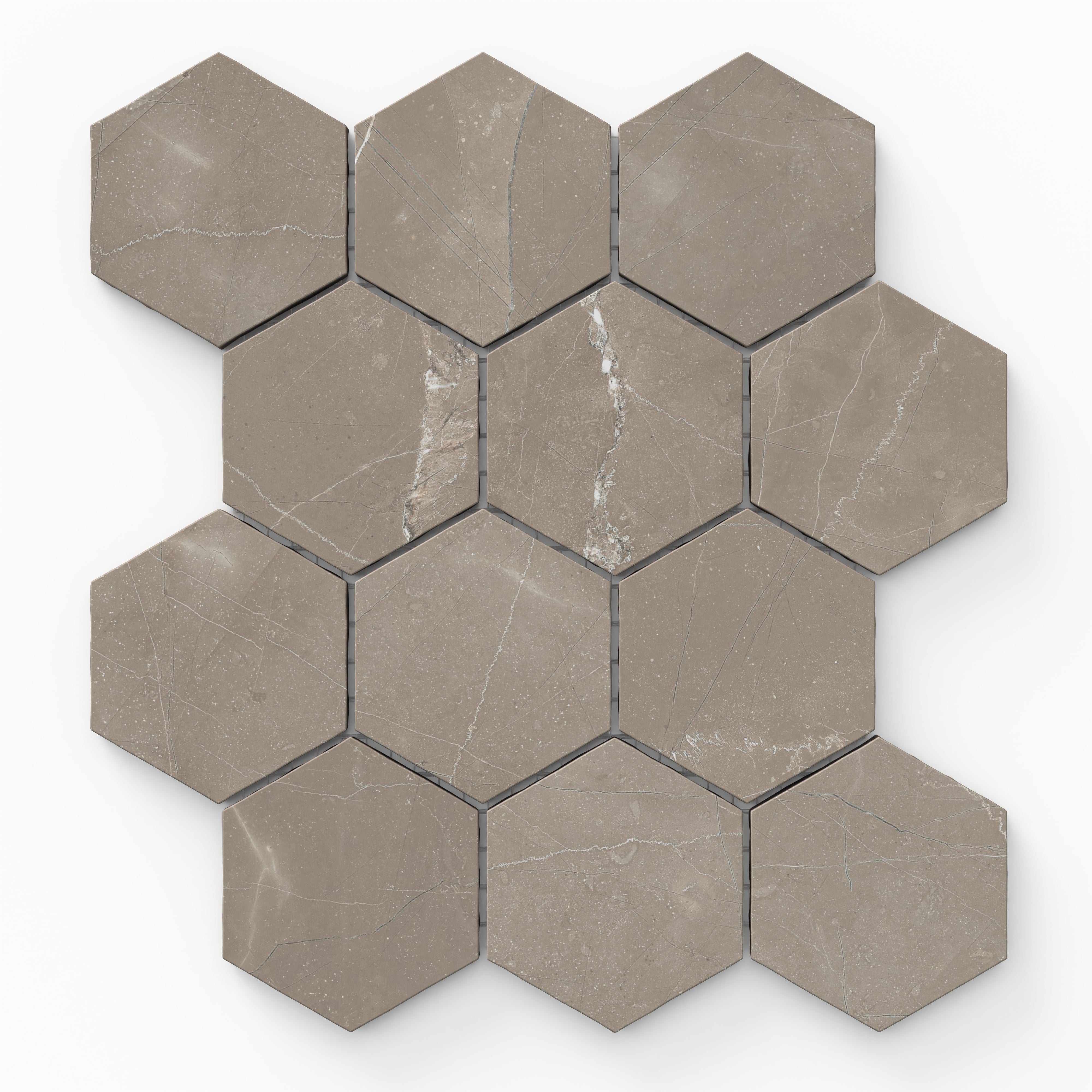 Leona Amani Bronze 3x3 hexagon mosaic tile in a matte finish features subtle white veining over a warm bronze base, offering a contemporary and earthy aesthetic.