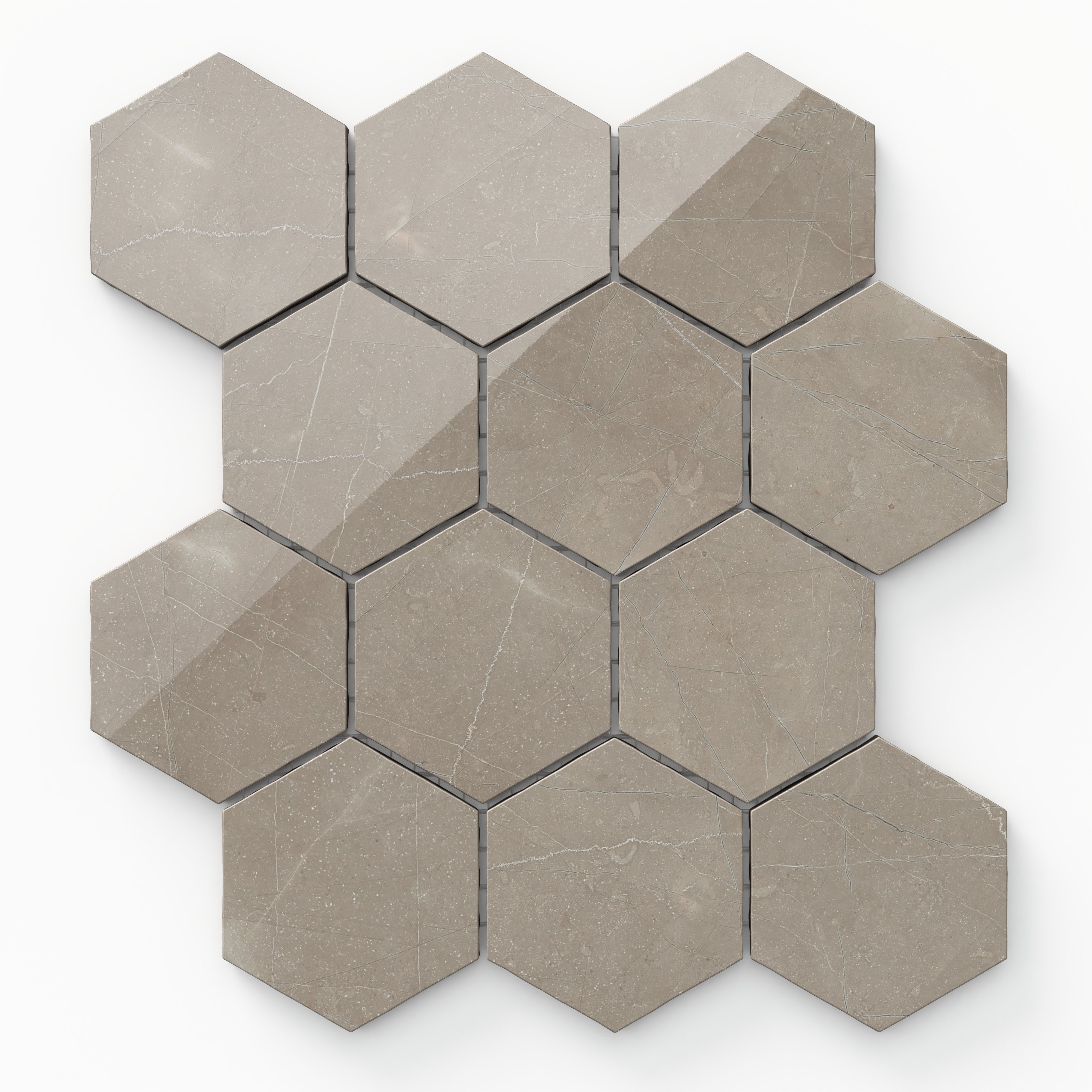 Leona Amani Bronze 3x3 hexagon mosaic tile in a polished finish, featuring warm bronze hues with fine white veining for a refined geometric style.