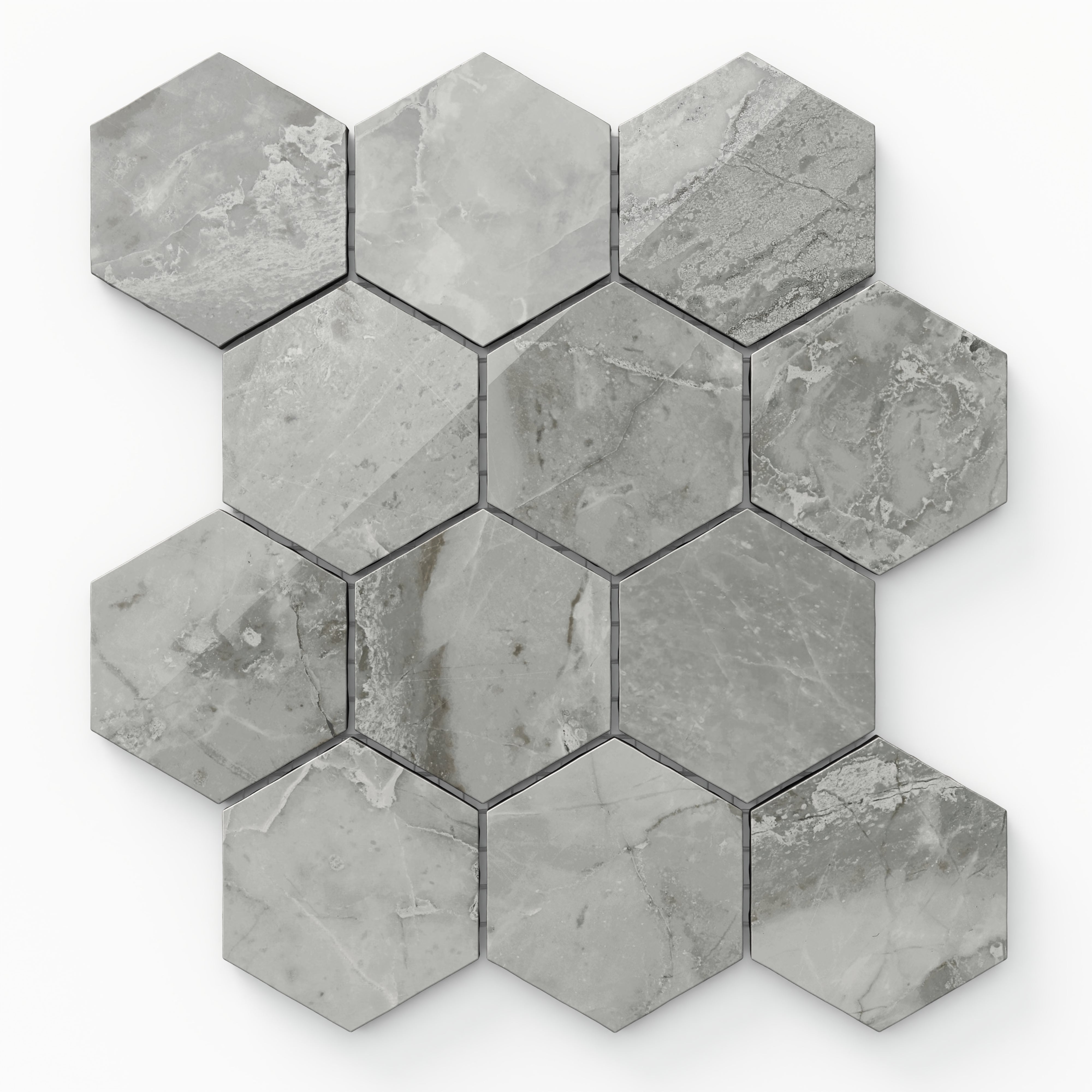 Blair 3x3 Polished Porcelain Hexagon Mosaic Tile in Oniciata Grey