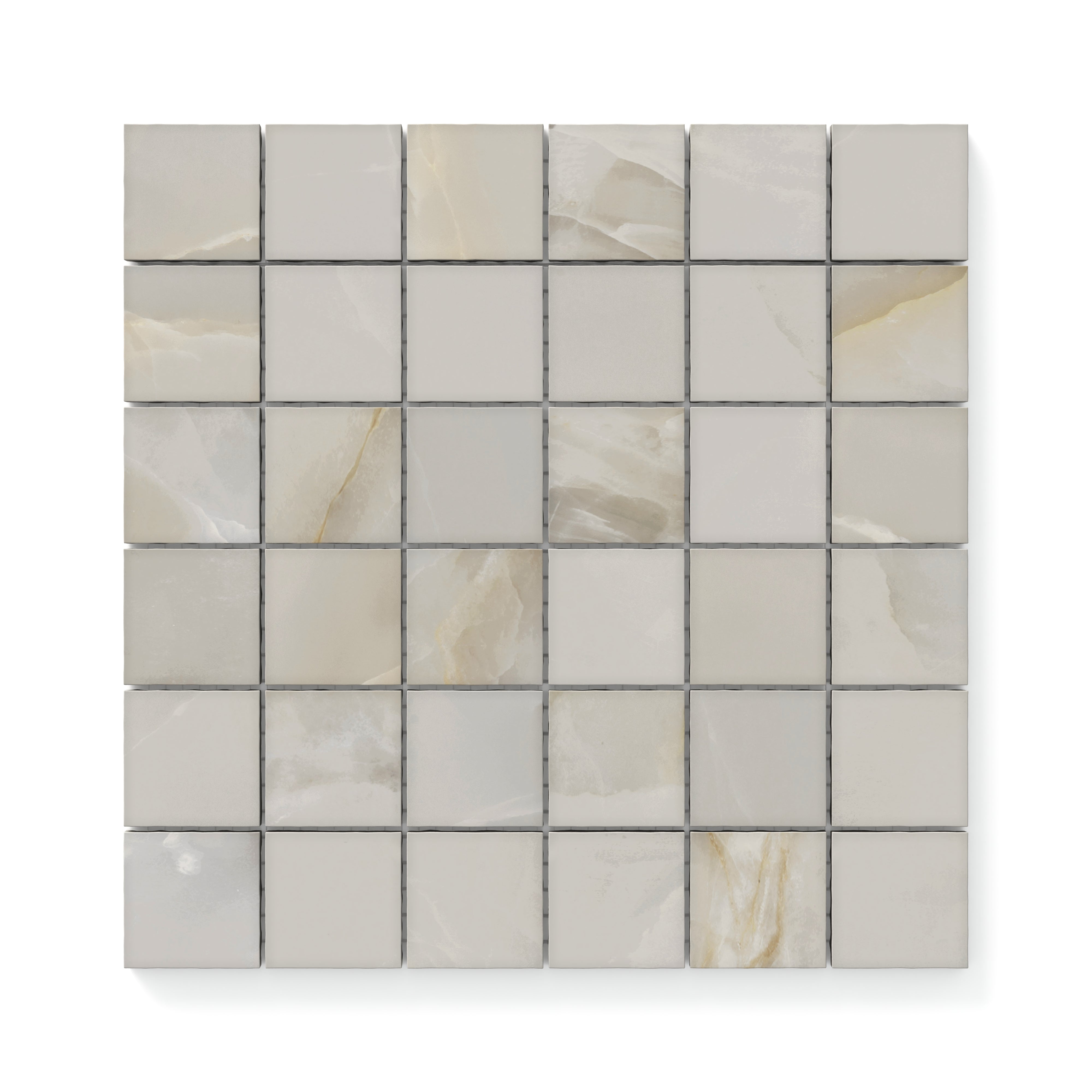 Astrid 2x2 matte porcelain mosaic tile in Oyster, featuring light gray and beige tones with subtle marble-inspired veining in a grid design.