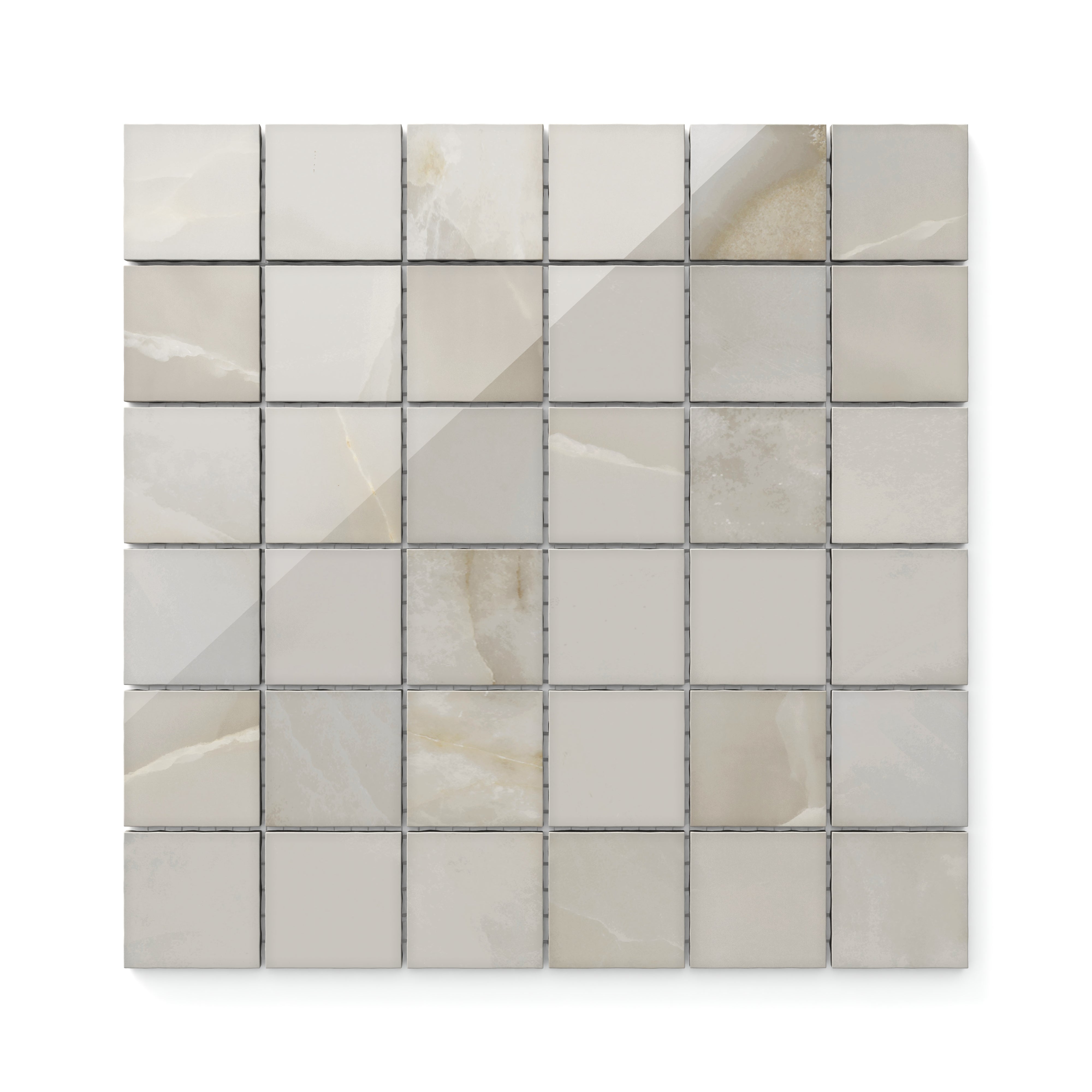 Astrid 2x2 polished porcelain mosaic tile in Oyster, featuring subtle gray and beige tones with a reflective finish for a sophisticated look.