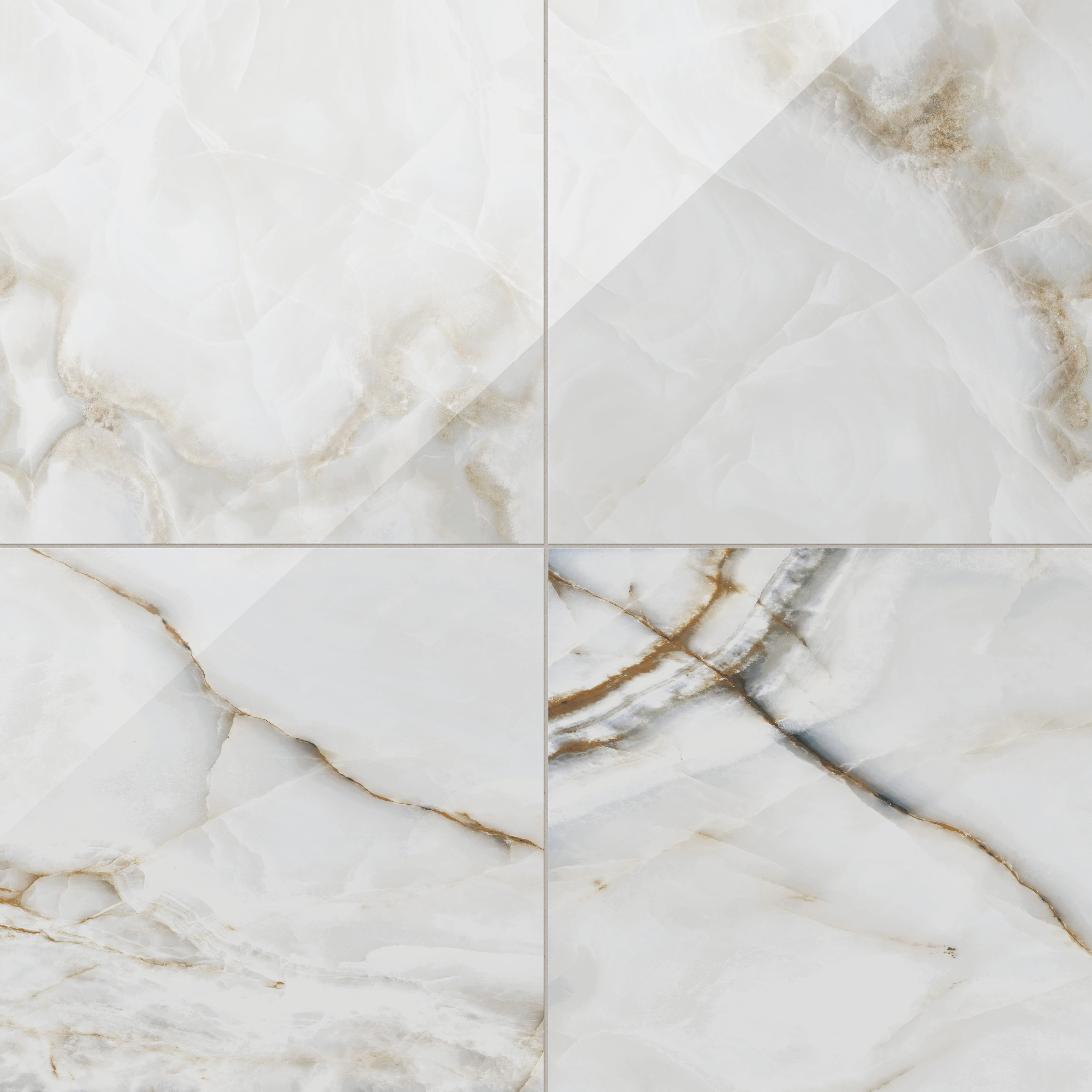 Astrid 24x24 polished porcelain tile in Pearl, highlighting a glossy finish with soft white and gold veining patterns.
