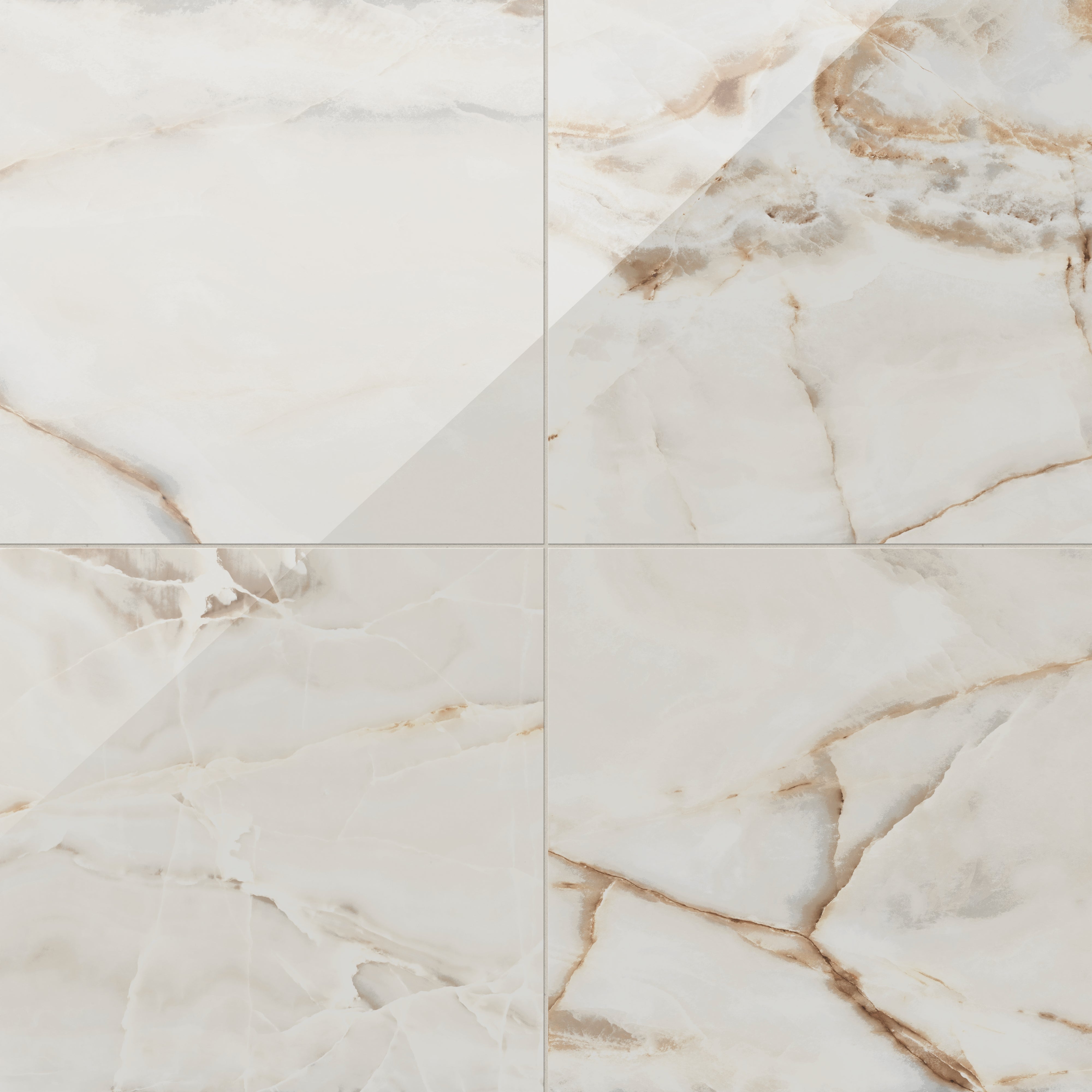 Astrid 24x24 polished porcelain tile in Alabaster, showcasing a reflective finish with beige and gold marble-like veining.