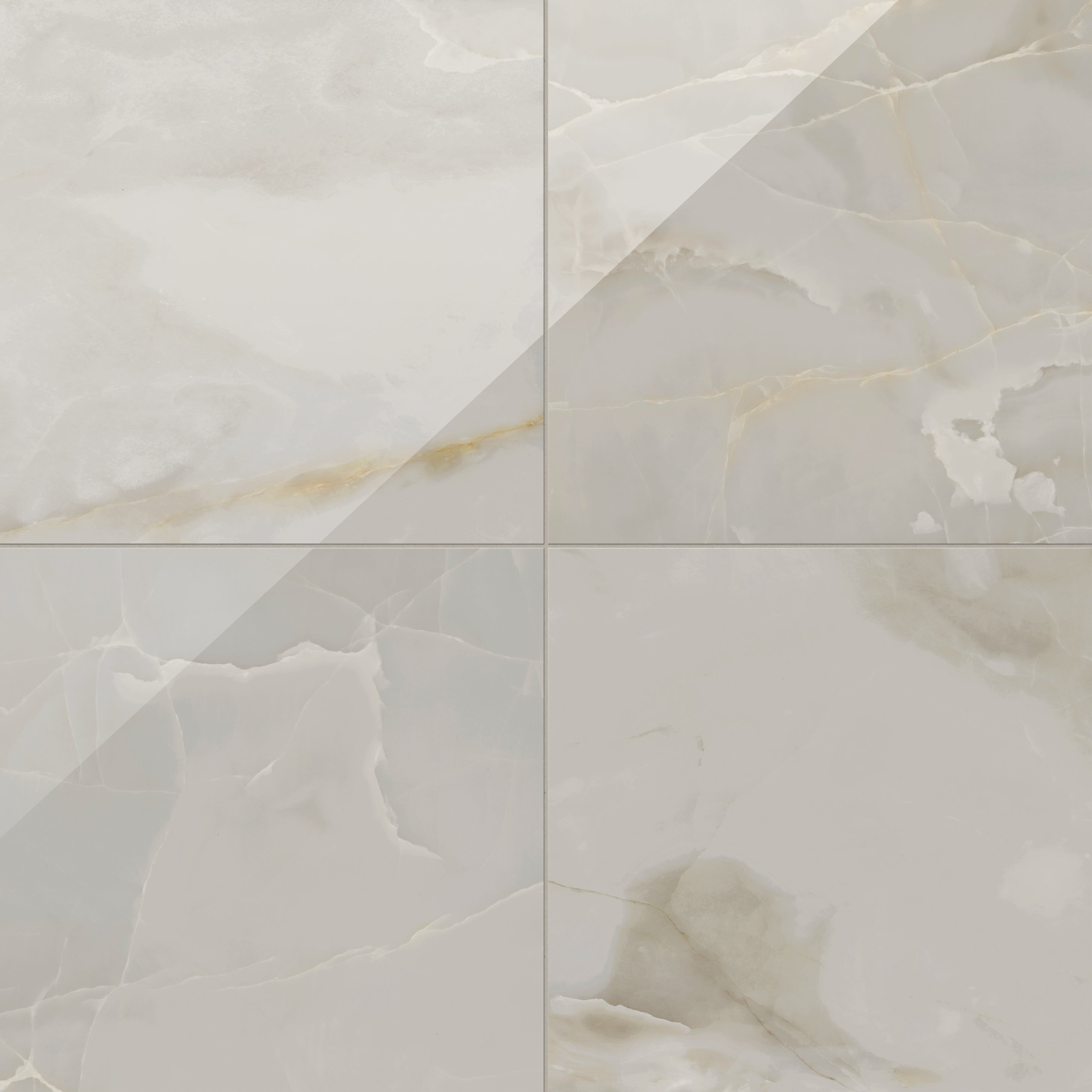 Astrid 24x24 polished porcelain tile in Oyster, showcasing soft gray tones with golden veining and a sleek glossy finish.