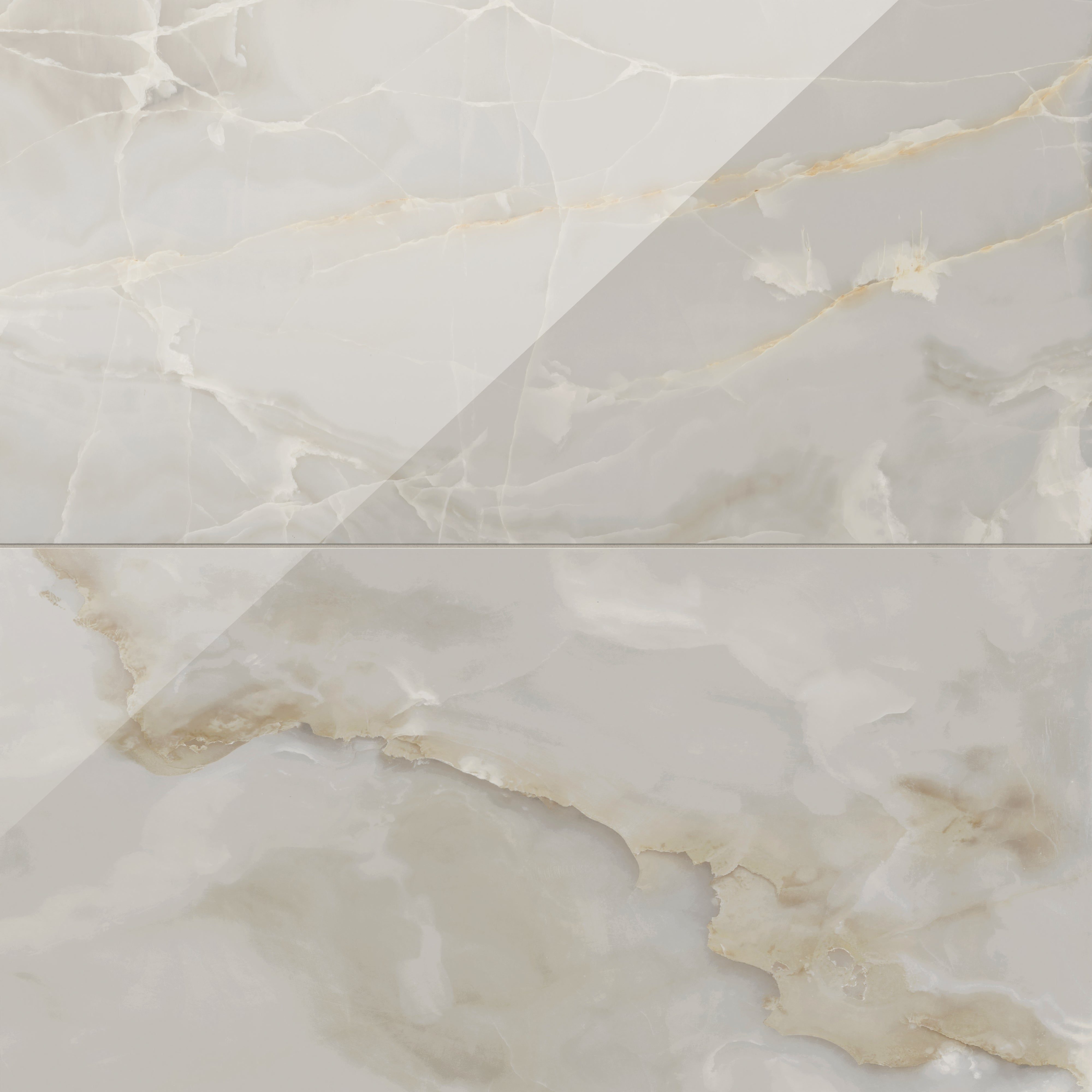 Astrid 24x48 polished porcelain tile in Oyster, featuring its soft neutral tones and intricate marble-like veining.