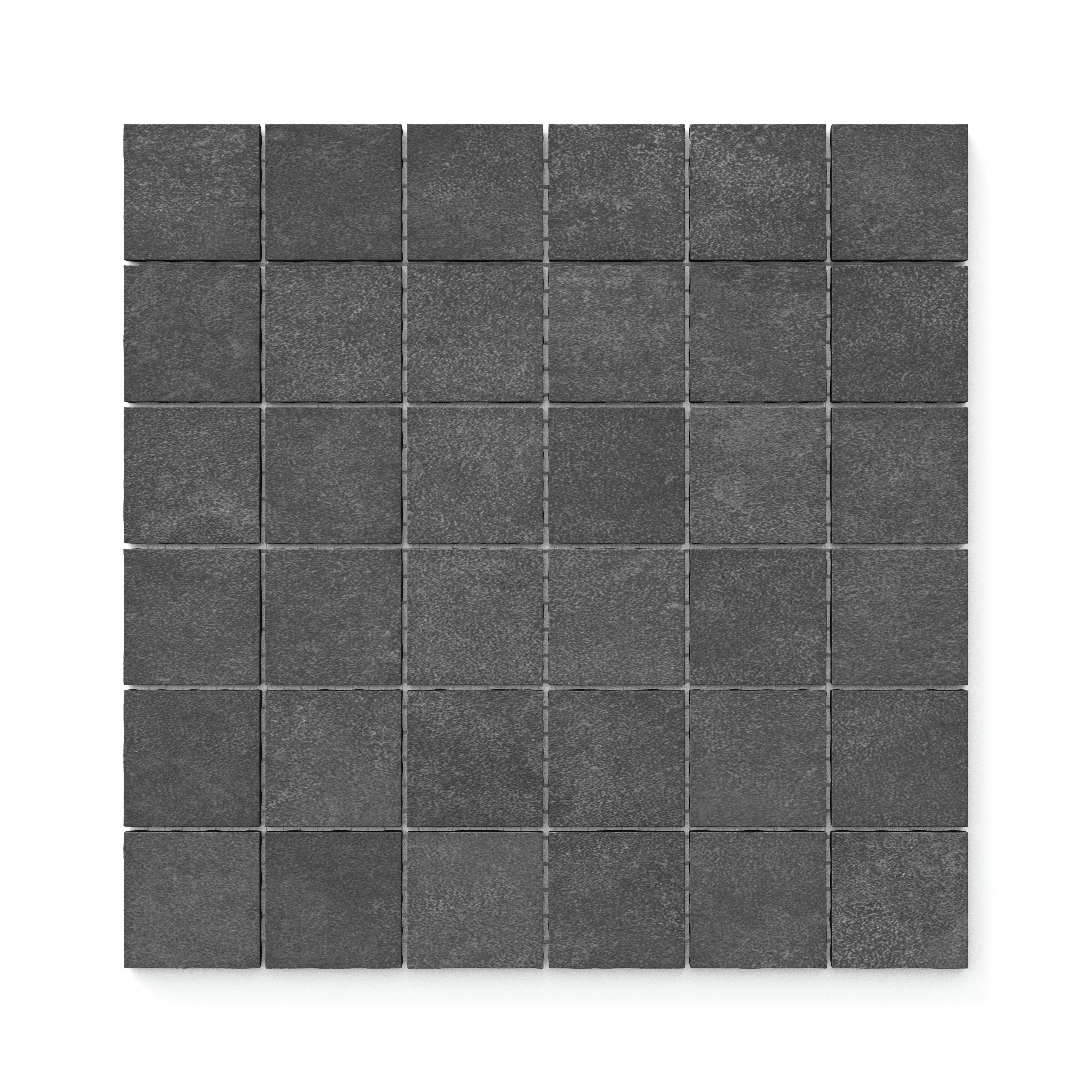 Bold iron-toned 2x2 mosaic tiles with a matte finish, showcasing deep gray hues ideal for creating industrial or contemporary aesthetics.