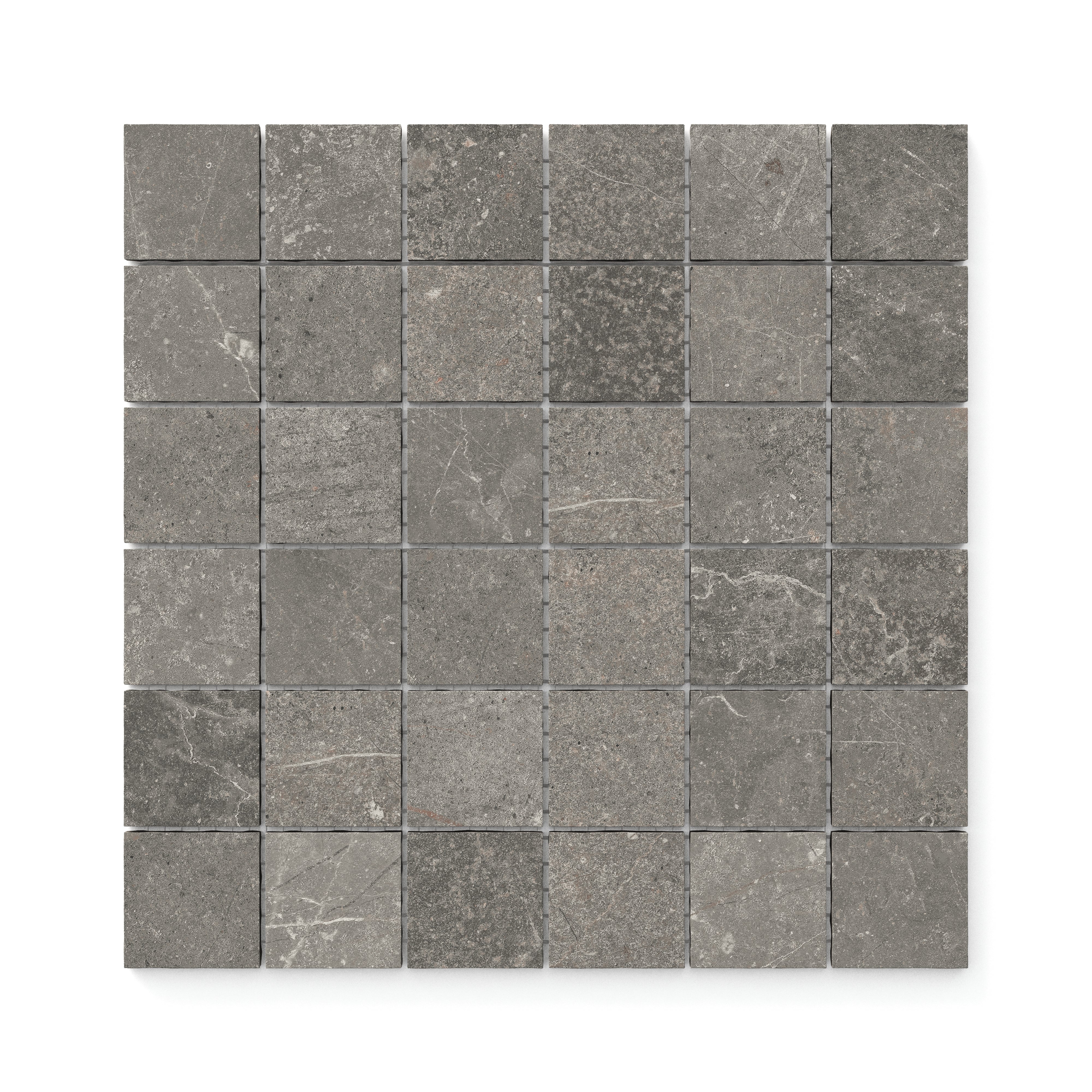 Porcelain tile mosaic in a dark gray hue, featuring 2x2 squares with matte finish and subtle veining, perfect for walls and contemporary accents.