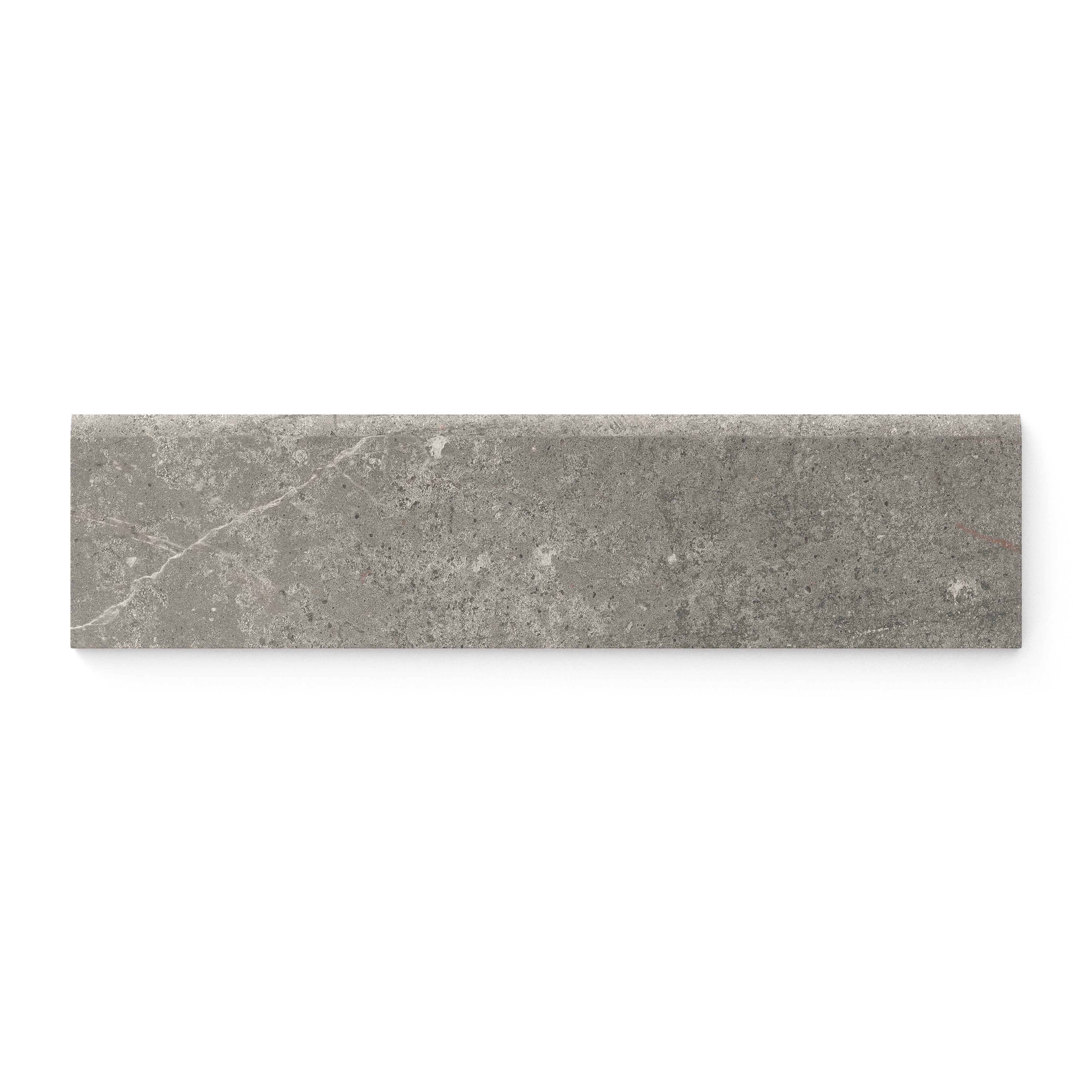 Modern 3x12 bullnose trim tile in dark gray with a matte finish, featuring refined veining for sleek and seamless edge detailing.