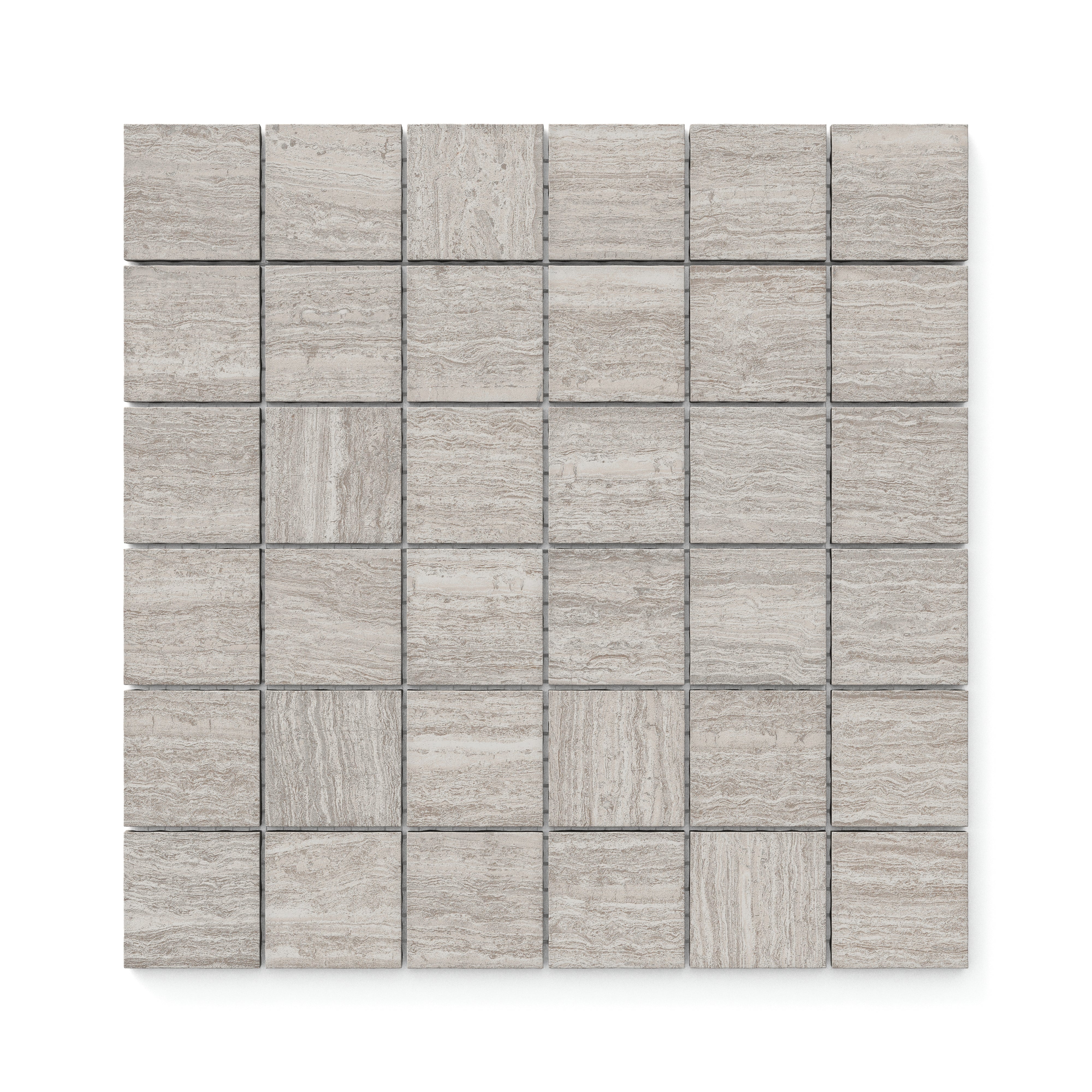 Hendrix Taupe 2x2 mosaic tiles in a matte finish, showcasing subtle taupe tones and a modern grid layout.