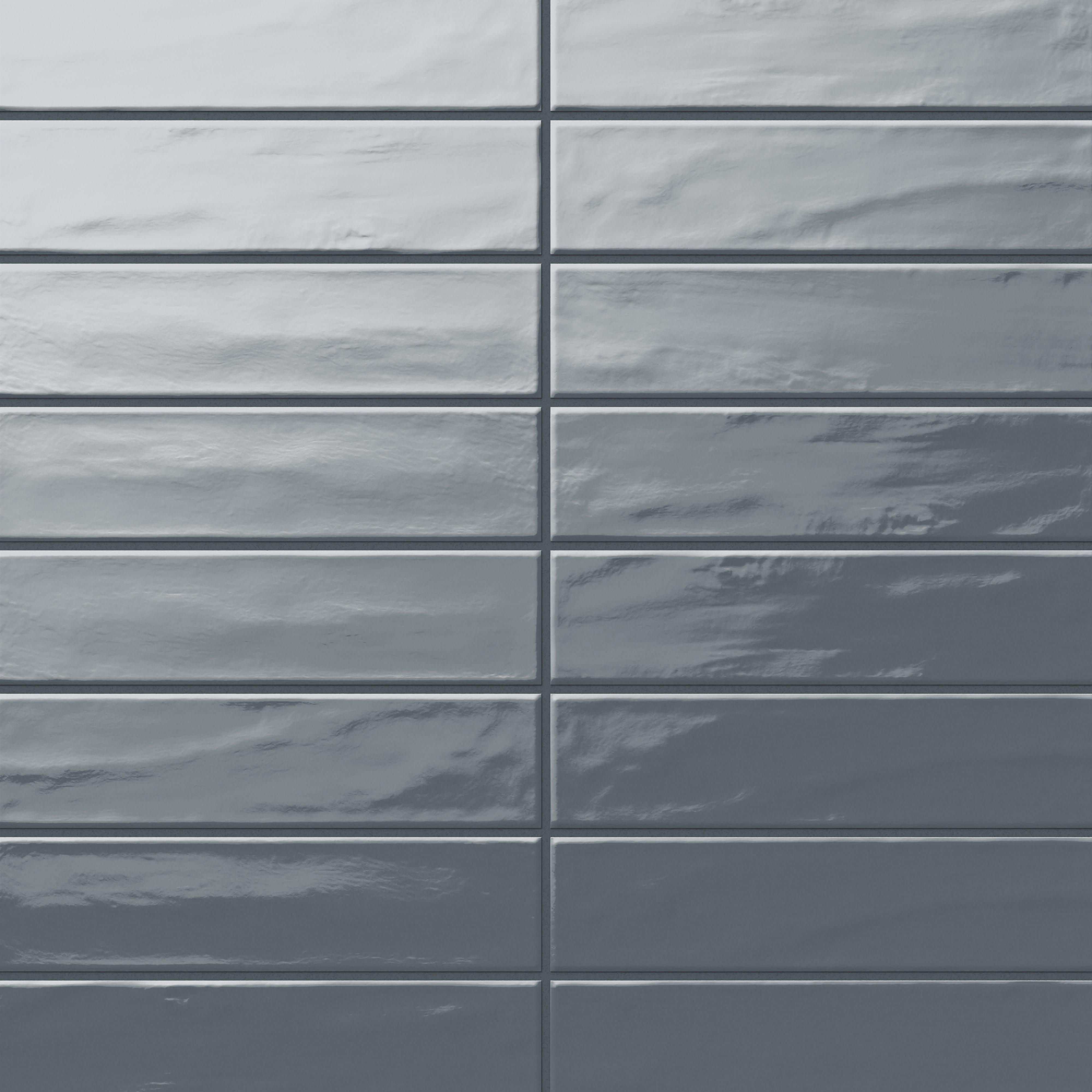 Palmer 3x12 glossy porcelain tiles in blue-grey, featuring a smooth, reflective finish and subtle wavy texture for a modern look.