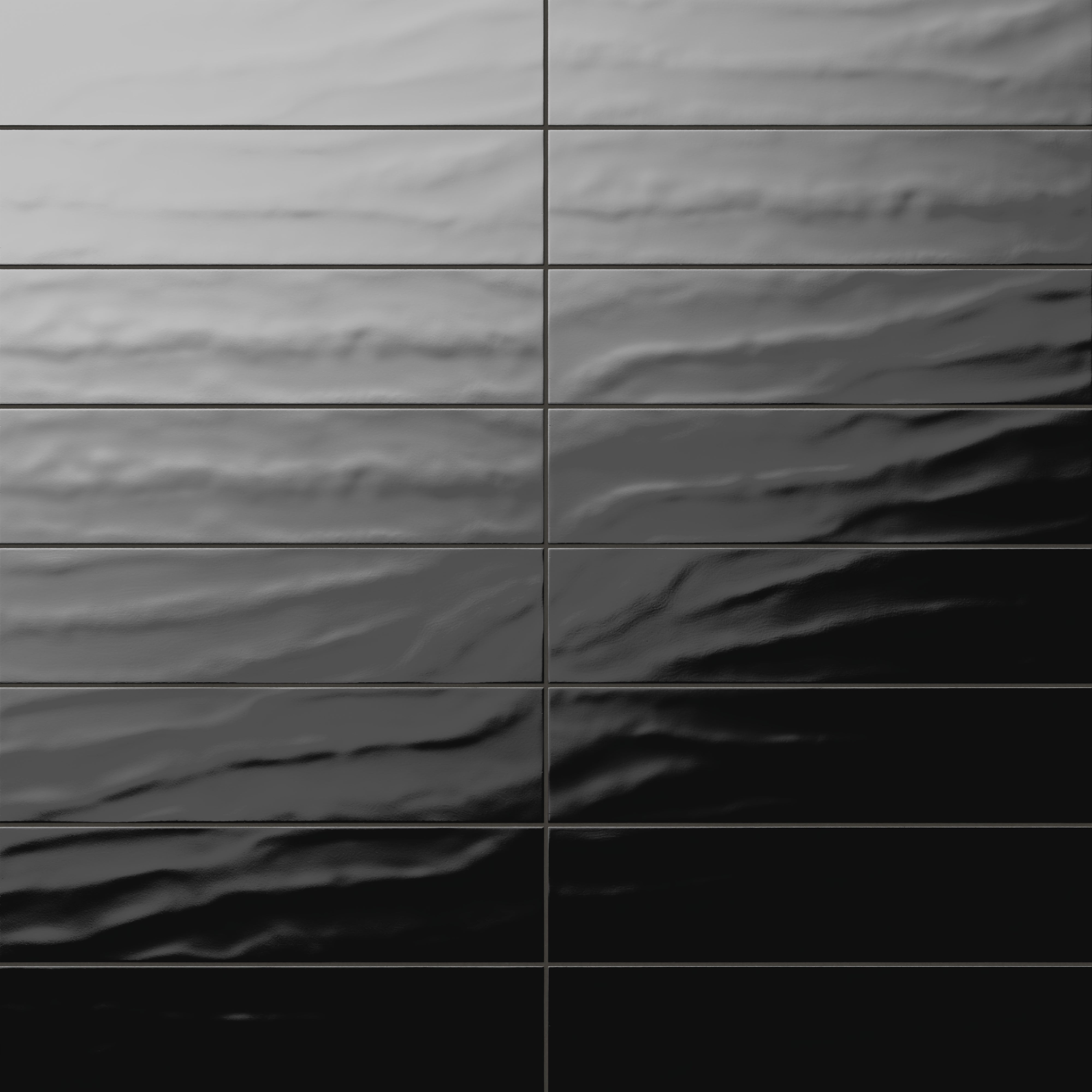 Palmer 6x24 glossy porcelain tile in nero featuring a dramatic black tone with rippled texture and high-gloss finish, perfect for bold interiors.