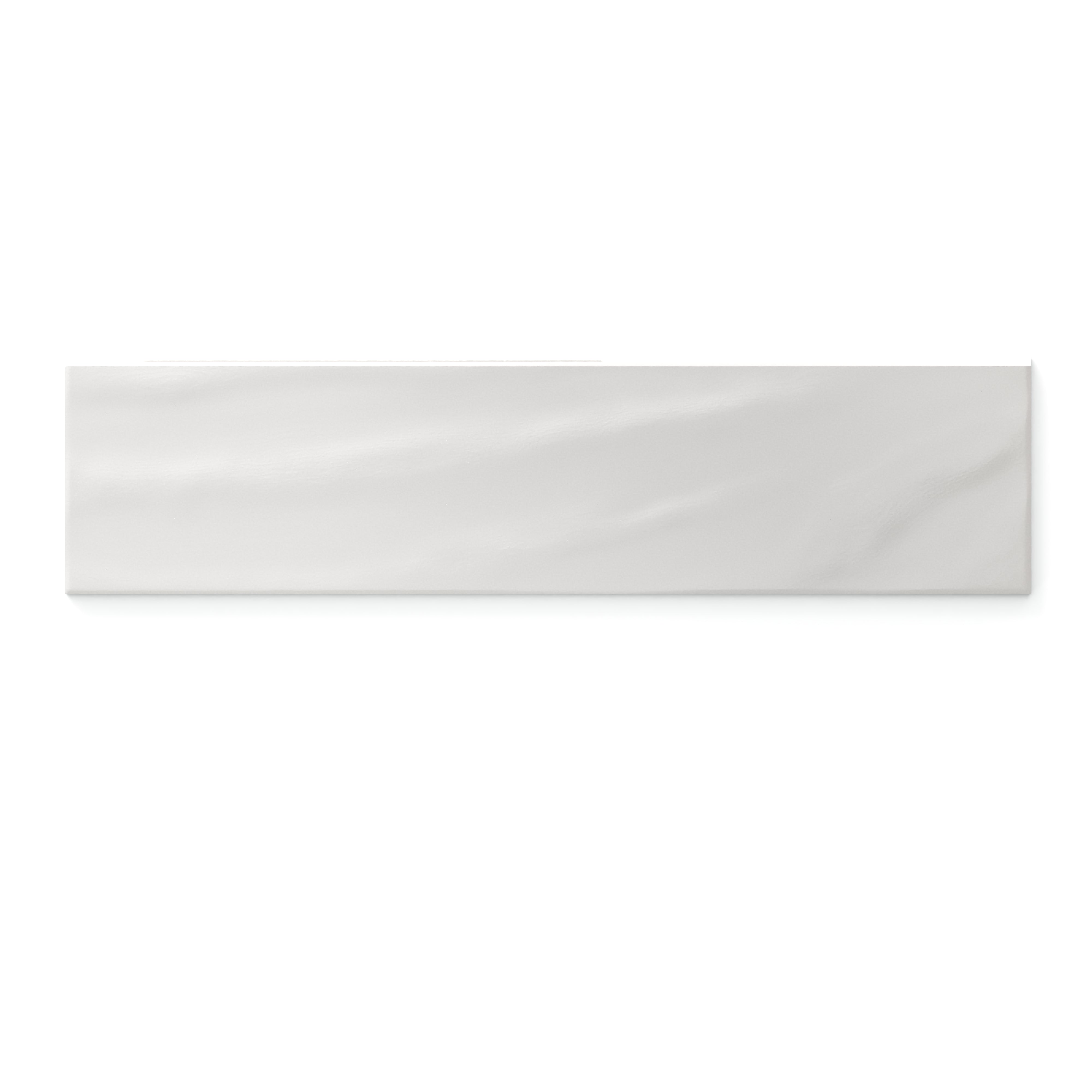 Palmer 6x24 glossy porcelain bullnose tile in Bianco, featuring a sleek and smooth white finish.
