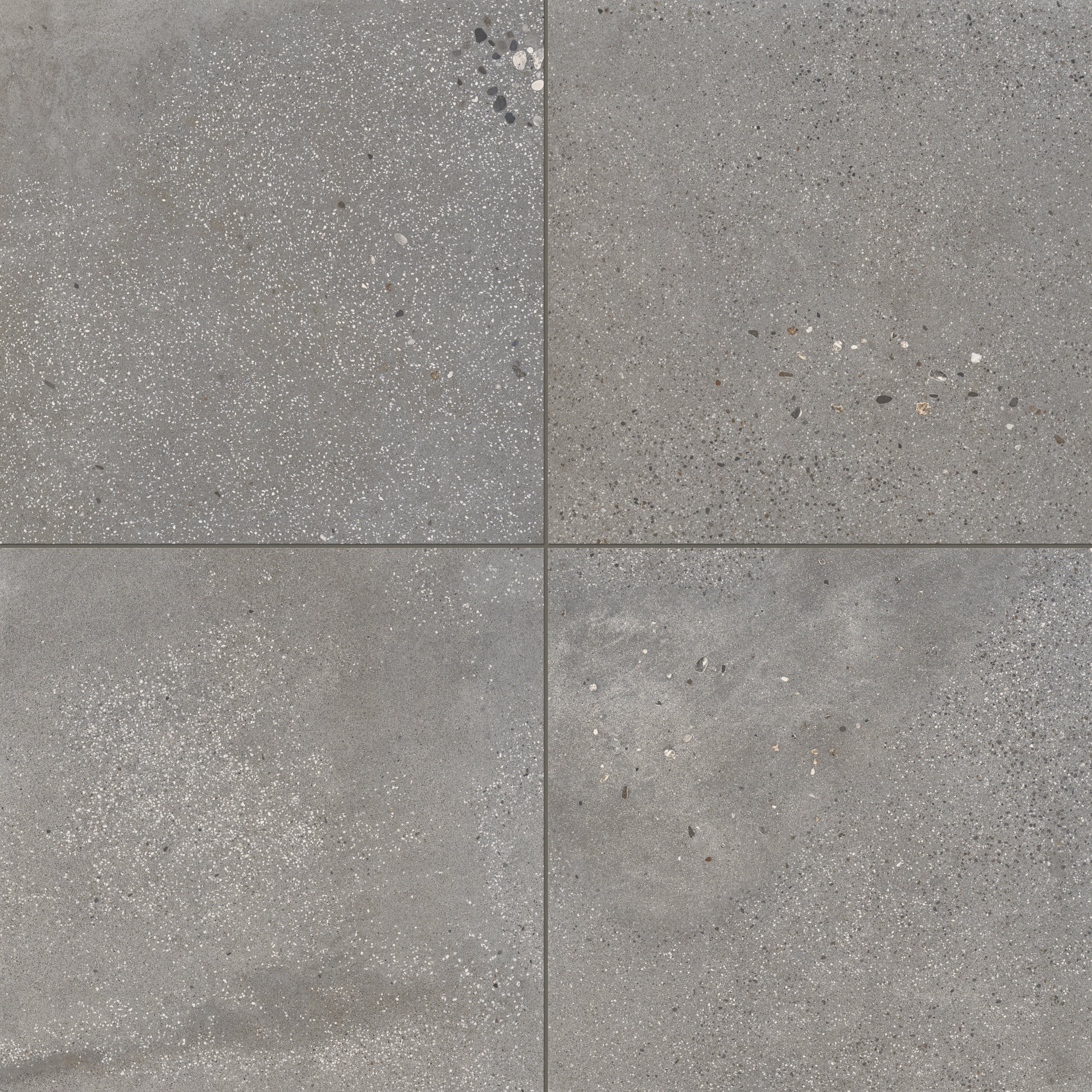 Sloane 24x24 matte porcelain tile in Pebble, featuring a mid-gray hue with dynamic speckling, ideal for adding subtle texture to contemporary designs.