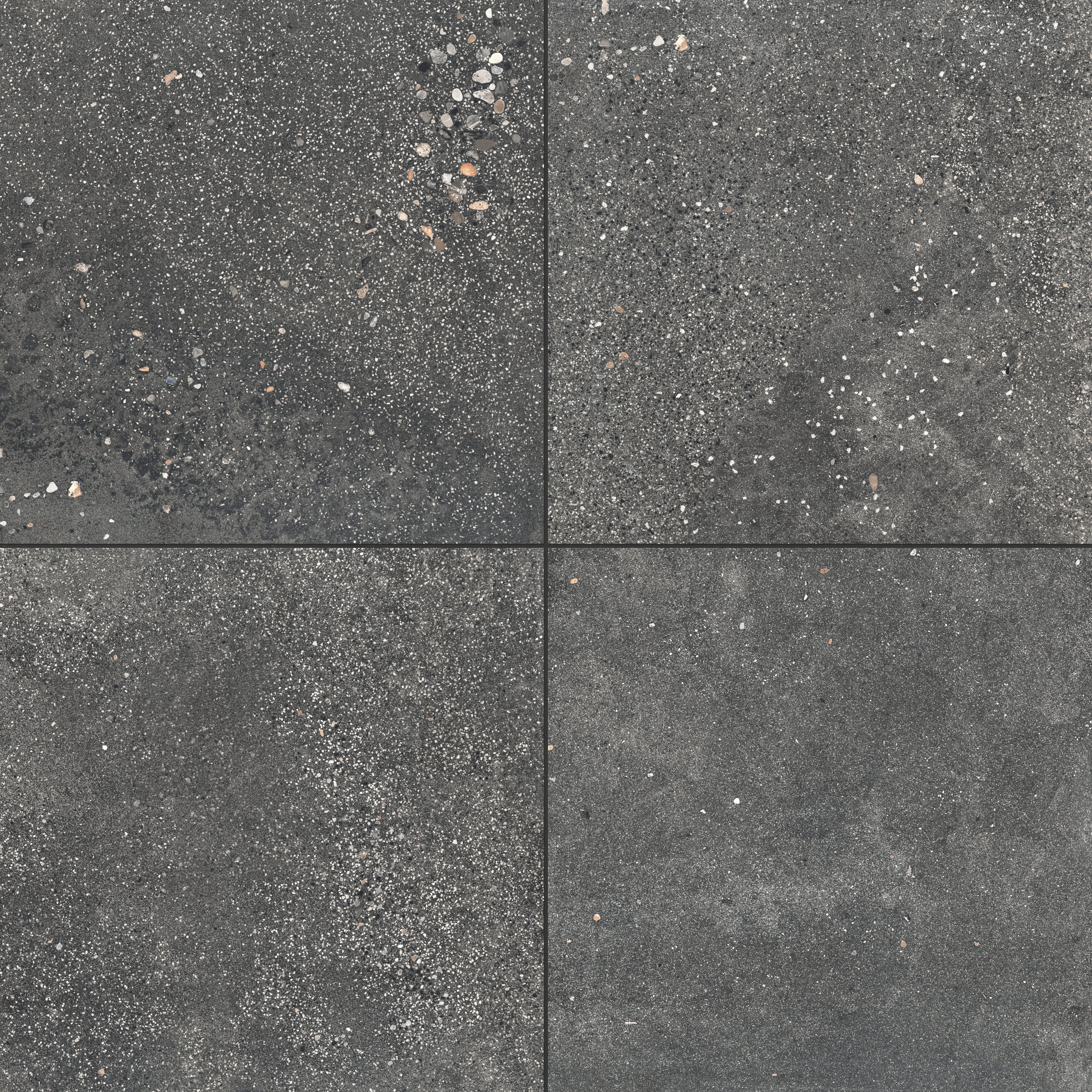Sloane 24x24 matte porcelain tile in Charcoal, featuring a bold dark tone with intricate speckling, ideal for modern, industrial-inspired spaces.