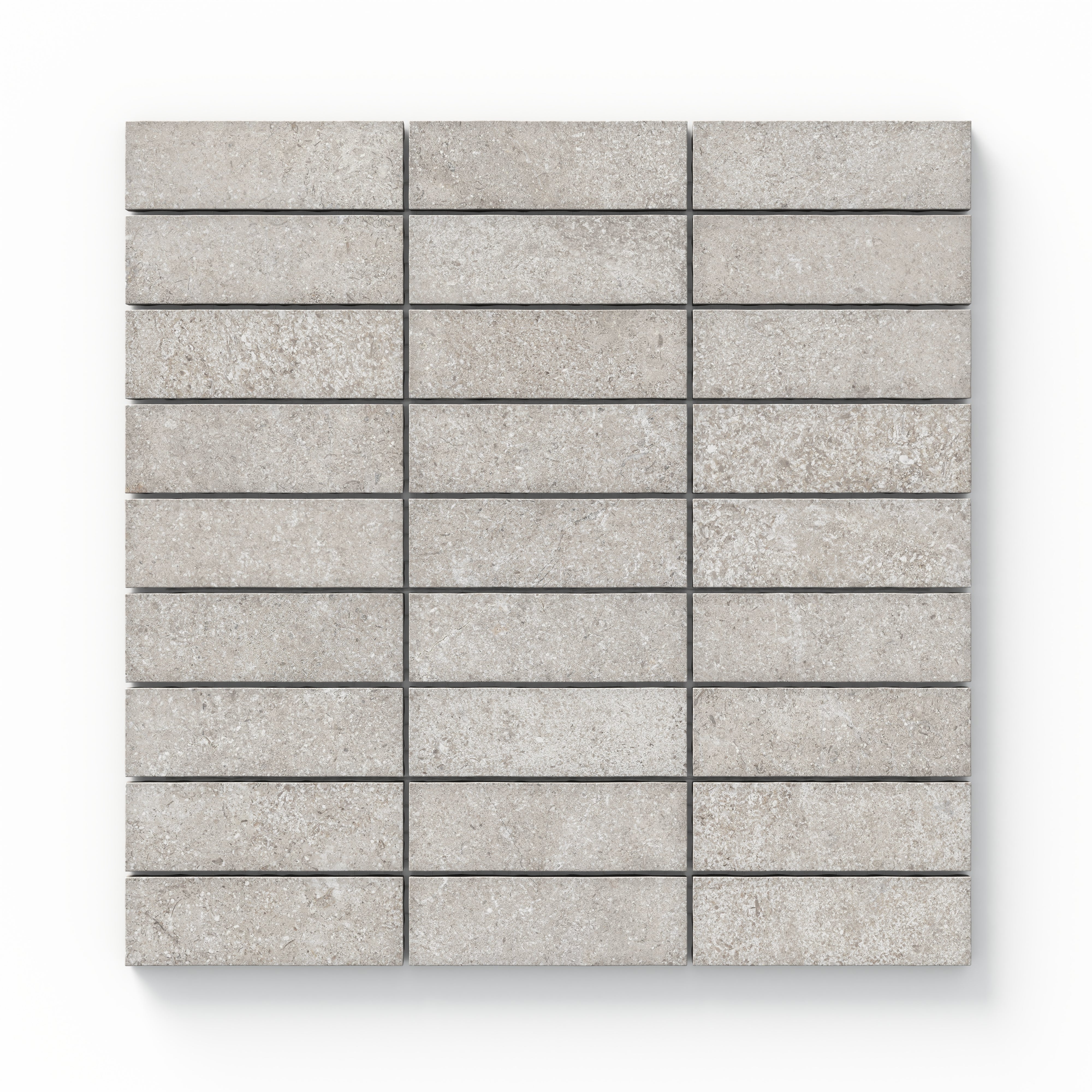 Adeline Taupe 1x4 Matte mosaic tiles showcasing a neutral taupe tone with a subtle textured surface, arranged in a linear pattern.