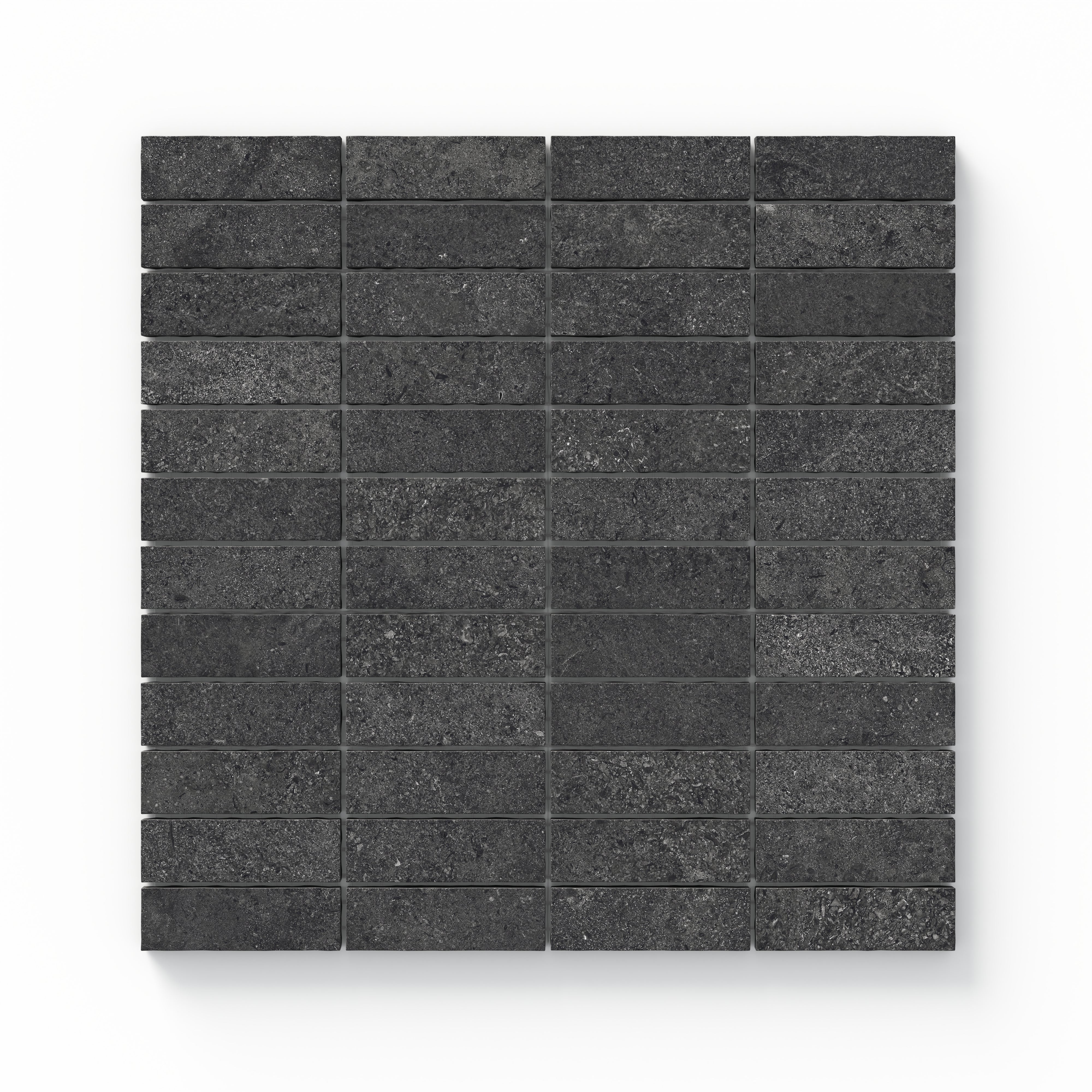 Adeline 1x3 Matte Porcelain Mosaic Tile in Black, showcasing a sleek and textured finish ideal for modern designs.