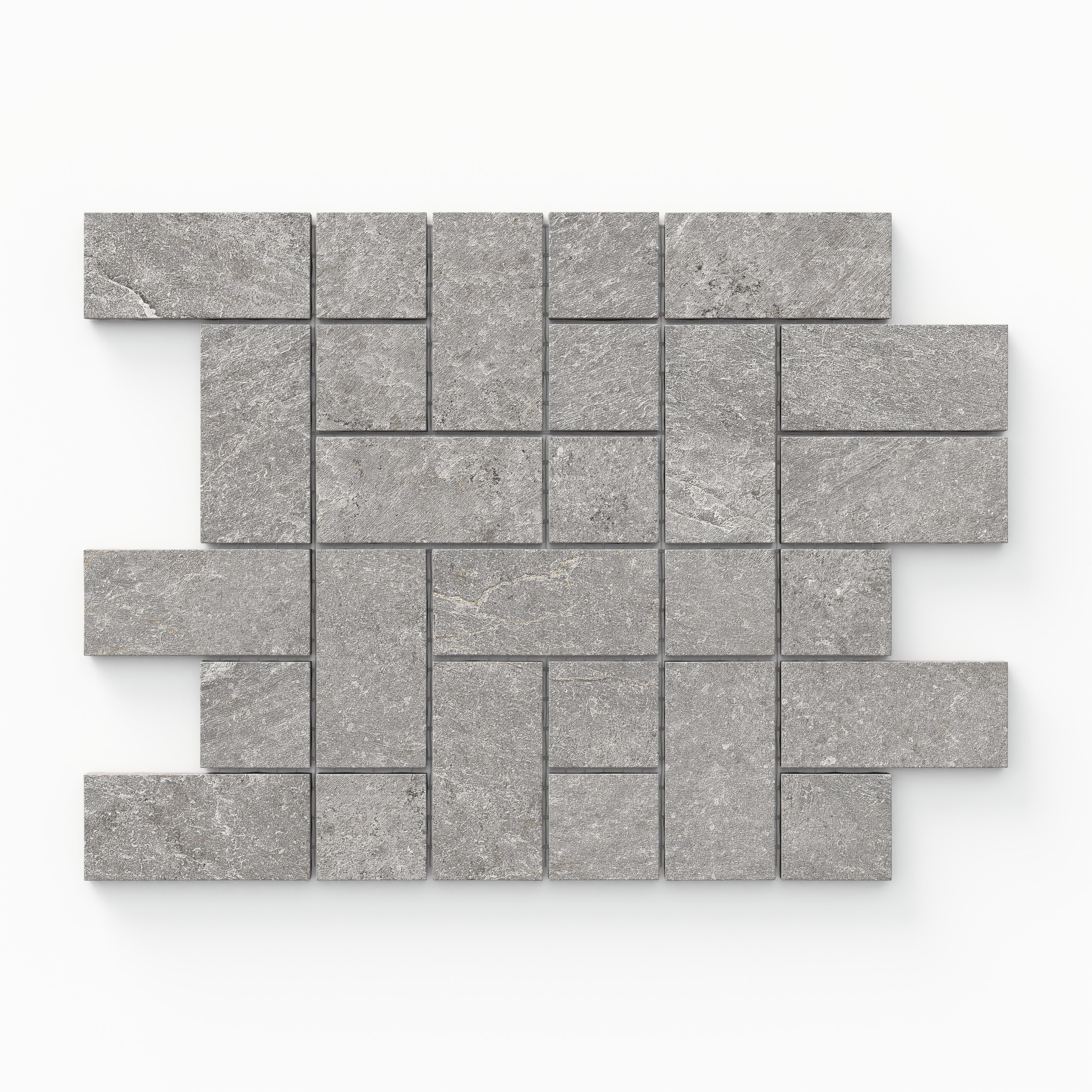 Dawson 8.7x12 Matte Porcelain Tetris Mosaic Tile in Ash, perfect for accent walls and backsplashes with its sleek, gray hue and textured finish.