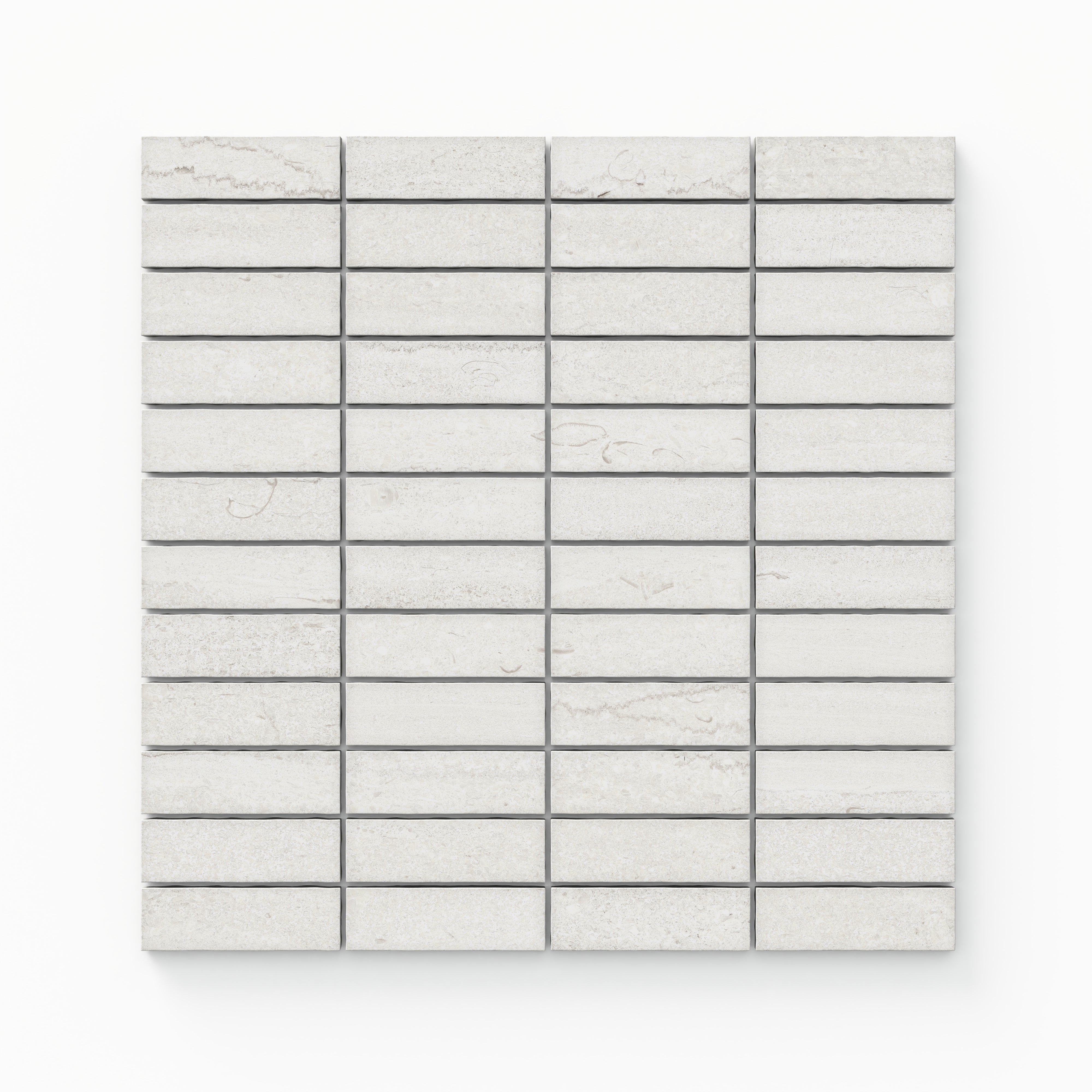 Soft off-white matte porcelain mosaic tiles with a 1x3 vein-cut design, radiating understated elegance for contemporary interiors.