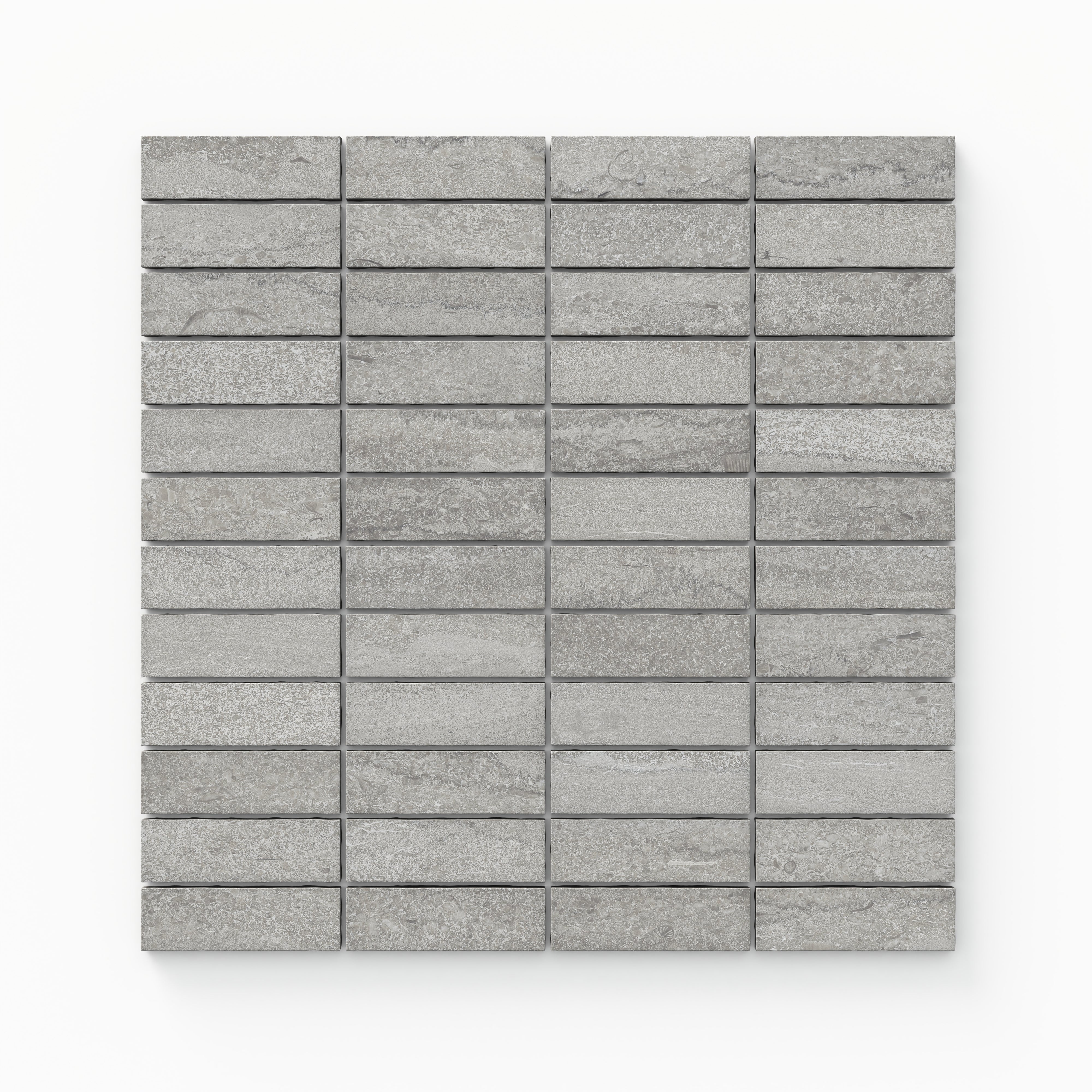 Matte porcelain mosaic tiles in a sleek ash gray tone, featuring a 1x3 vein-cut design, ideal for adding texture and modern elegance to interiors.