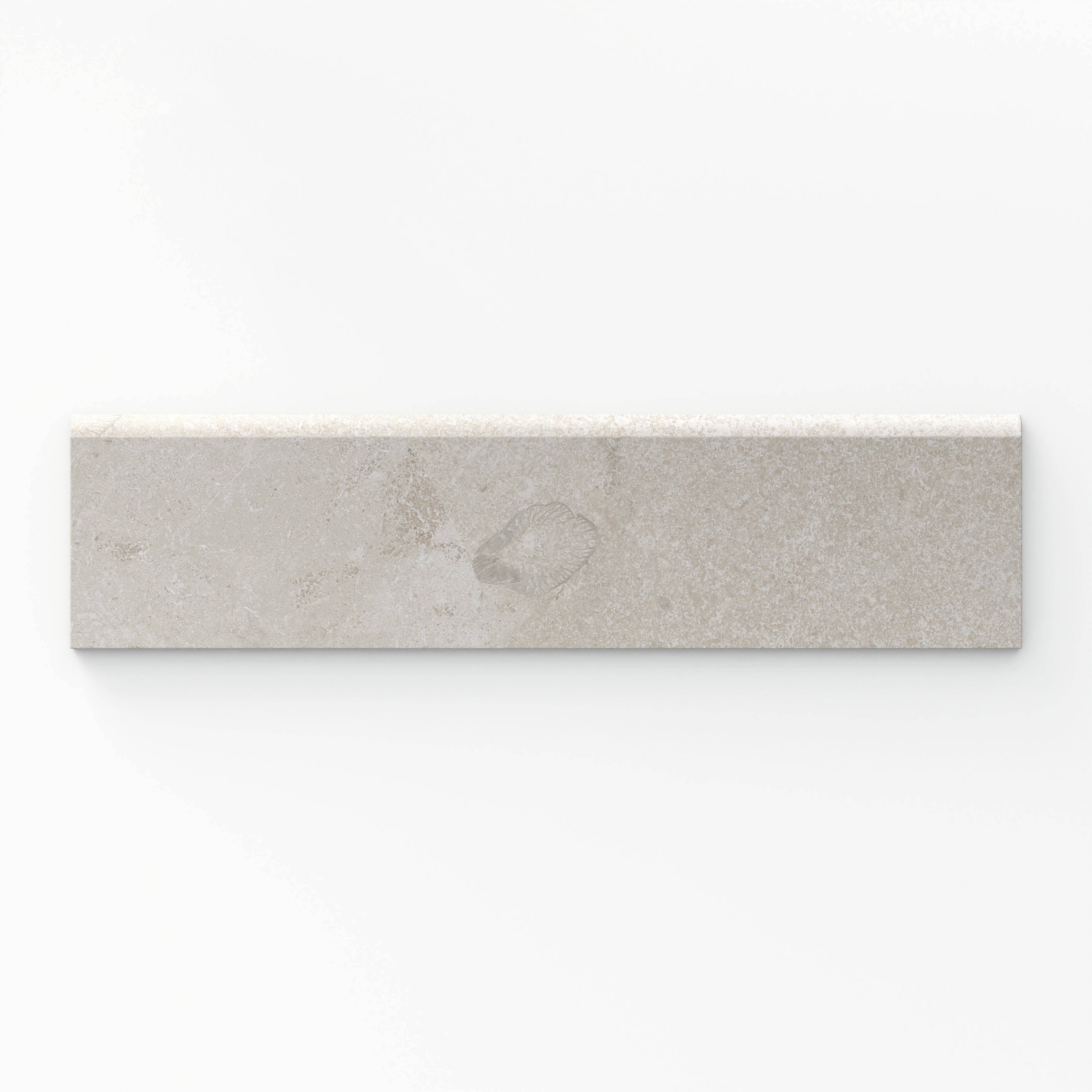 A 3x12 sand beige matte porcelain bullnose tile with a cross-cut pattern, perfect for adding a refined, seamless edge to any design project.