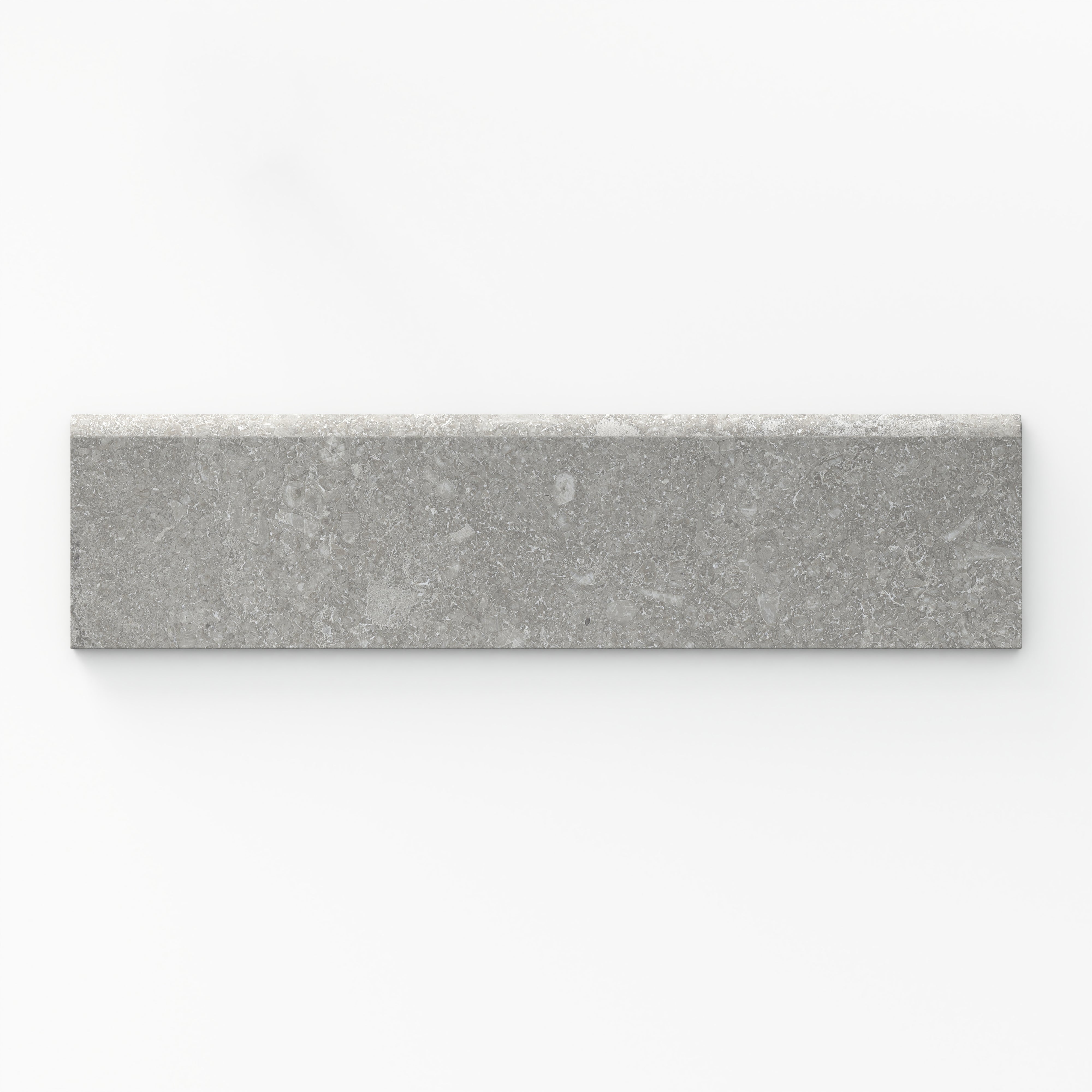 A sleek matte porcelain bullnose tile in ash gray, measuring 3x12, ideal for finishing edges with a refined, contemporary look.