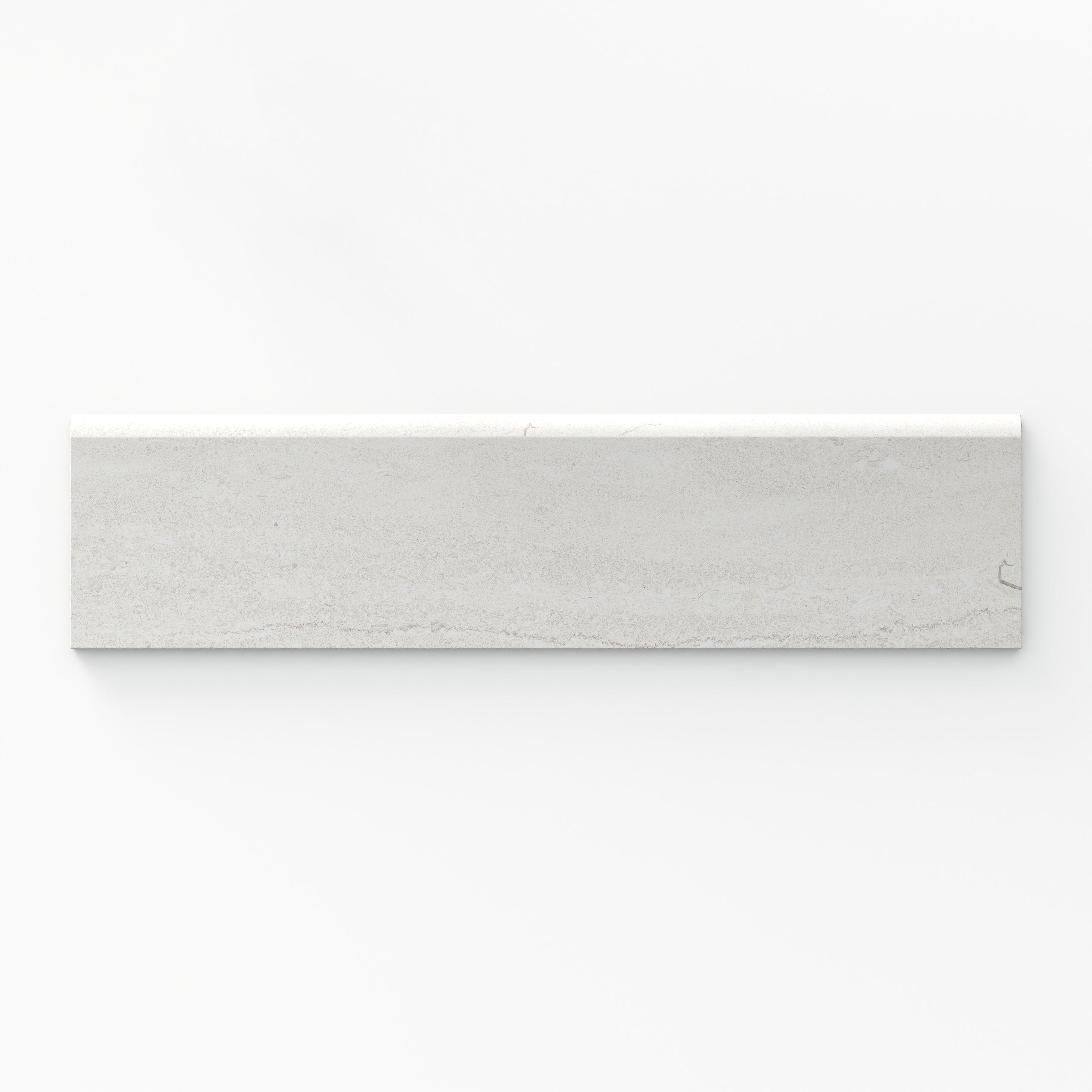 Bullnose porcelain tile with a matte finish, featuring a soft white tone, 3x12 trim size, and elegant vein-cut texture for seamless edge detailing.