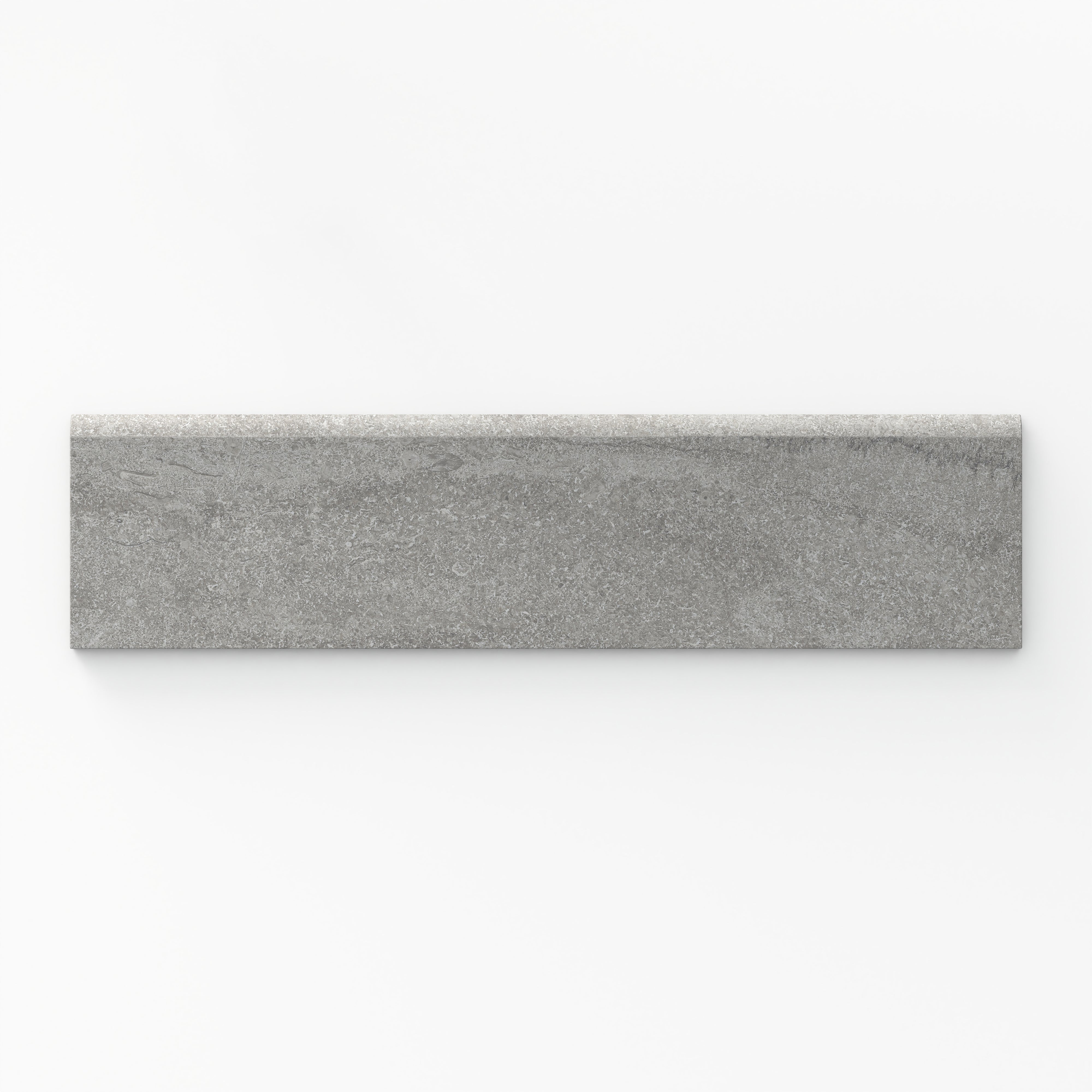A sleek 3x12 ash grey matte porcelain bullnose trim tile featuring a refined vein-cut design, ideal for creating smooth, polished edges in contemporary interiors.