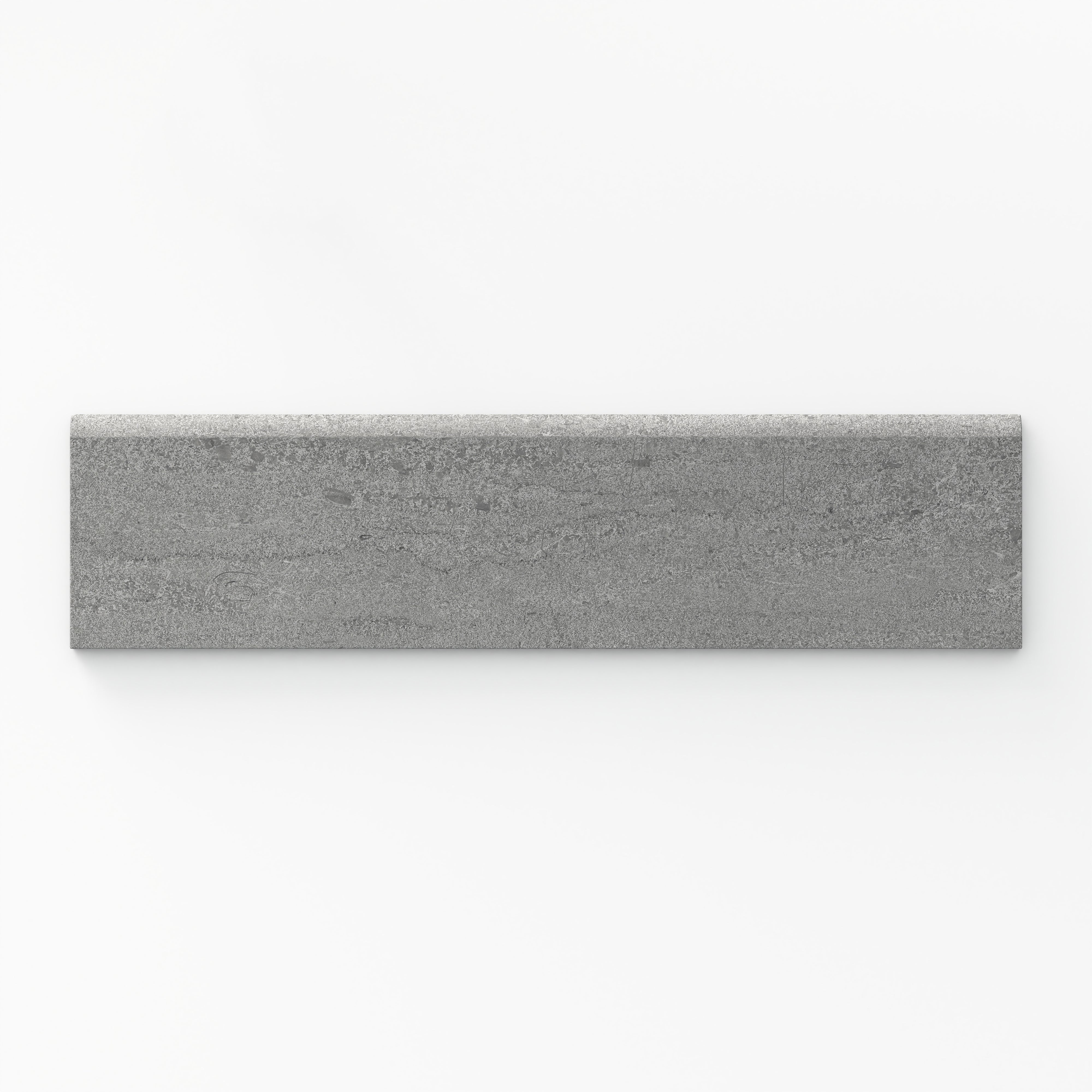 Bullnose porcelain tile in bold grey tone with a matte finish, featuring a 3x12 trim and vein-cut texture, perfect for seamless edges.