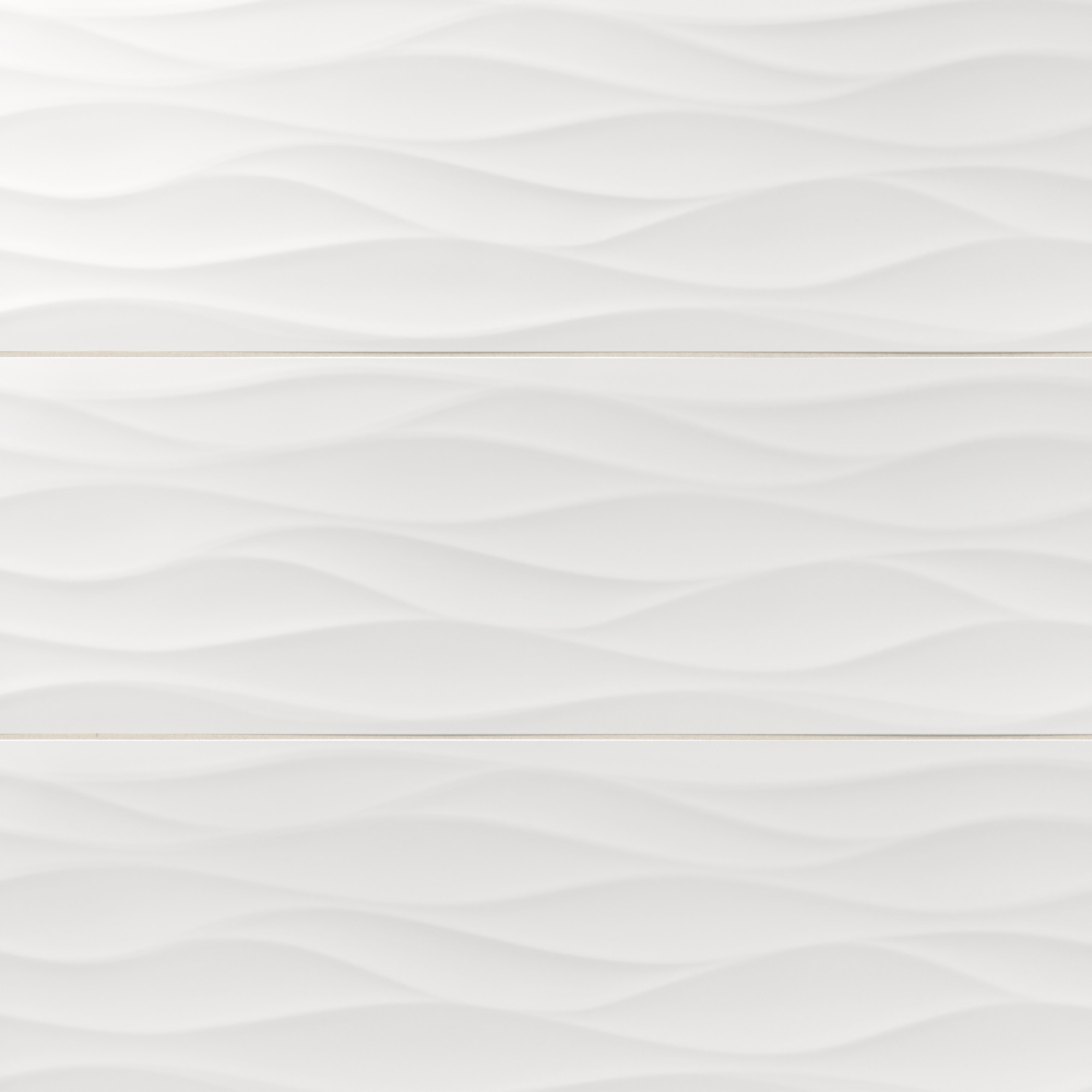 Zayne 12x36 matte ceramic tile in Waves features a calming wave-like texture and matte white finish, adding elegance and fluidity to modern interiors.