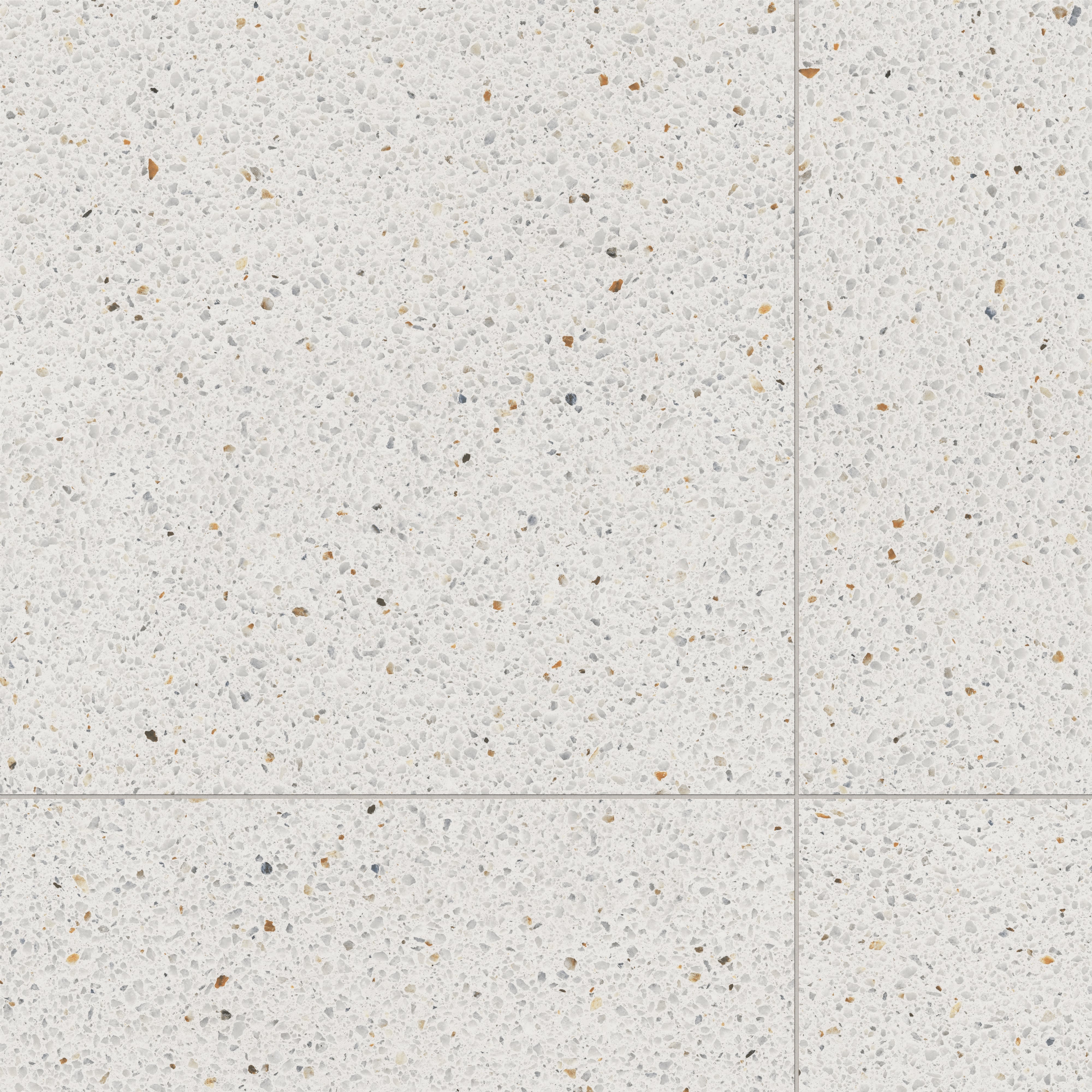 Close-up view of Leighton 35x35 matte porcelain tiles in multicolor, featuring a terrazzo-inspired design with vibrant stone accents.