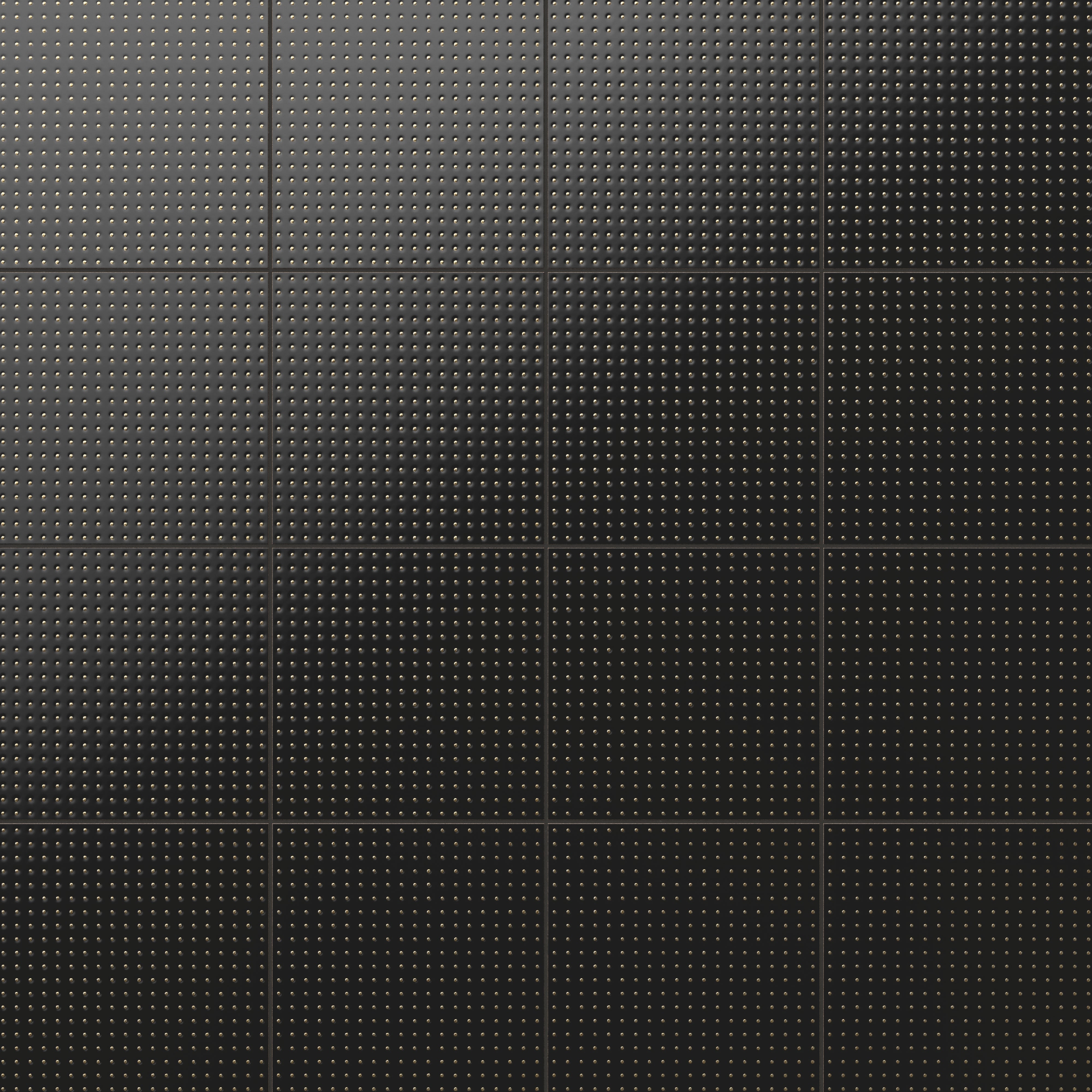 Kira 12x12 satin ceramic tiles featuring a sleek black surface with evenly spaced depressed gold dots for a modern, textured look