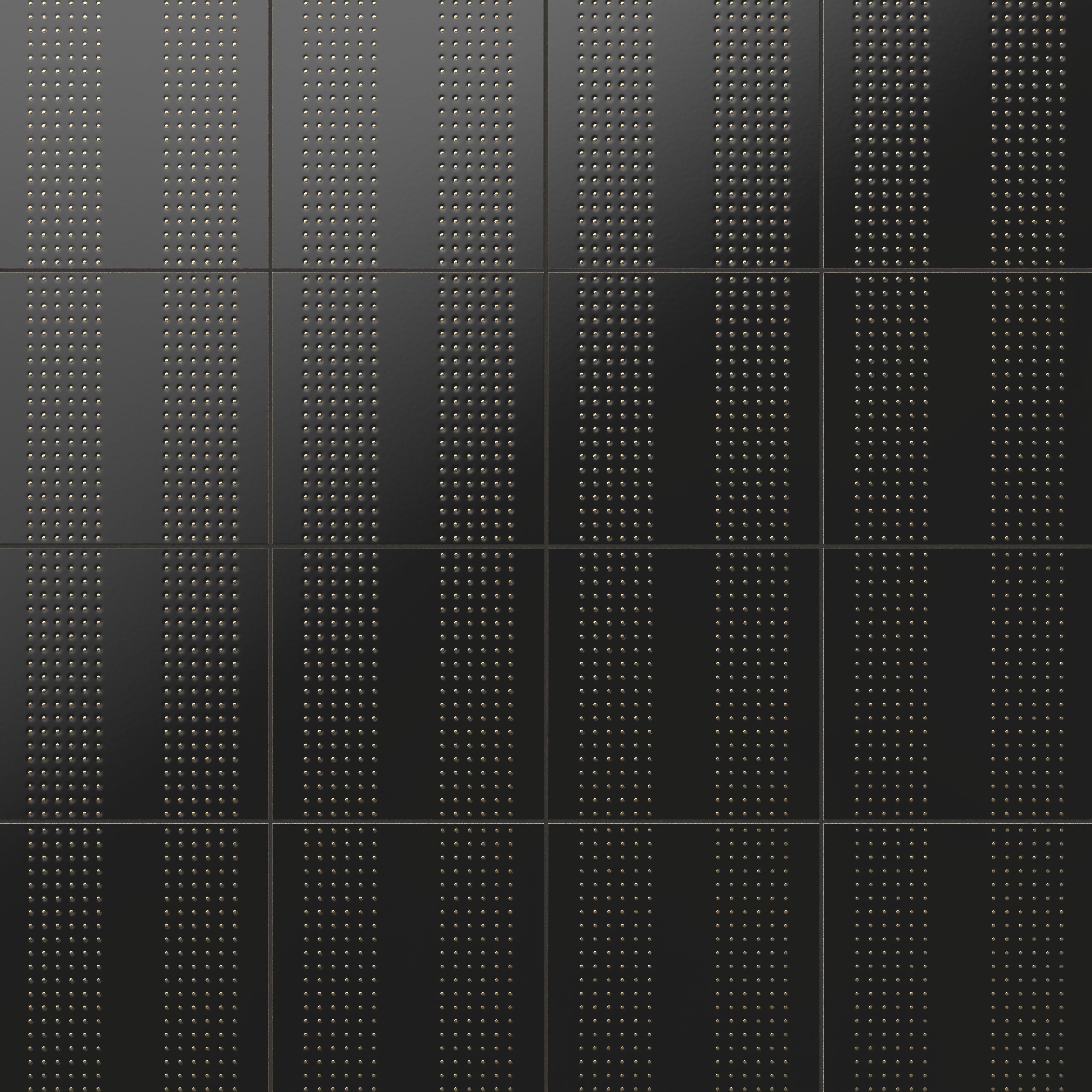 Kira black 12x12 satin ceramic tiles featuring bold vertical stripes with textured gold dot patterns, creating a striking modern look