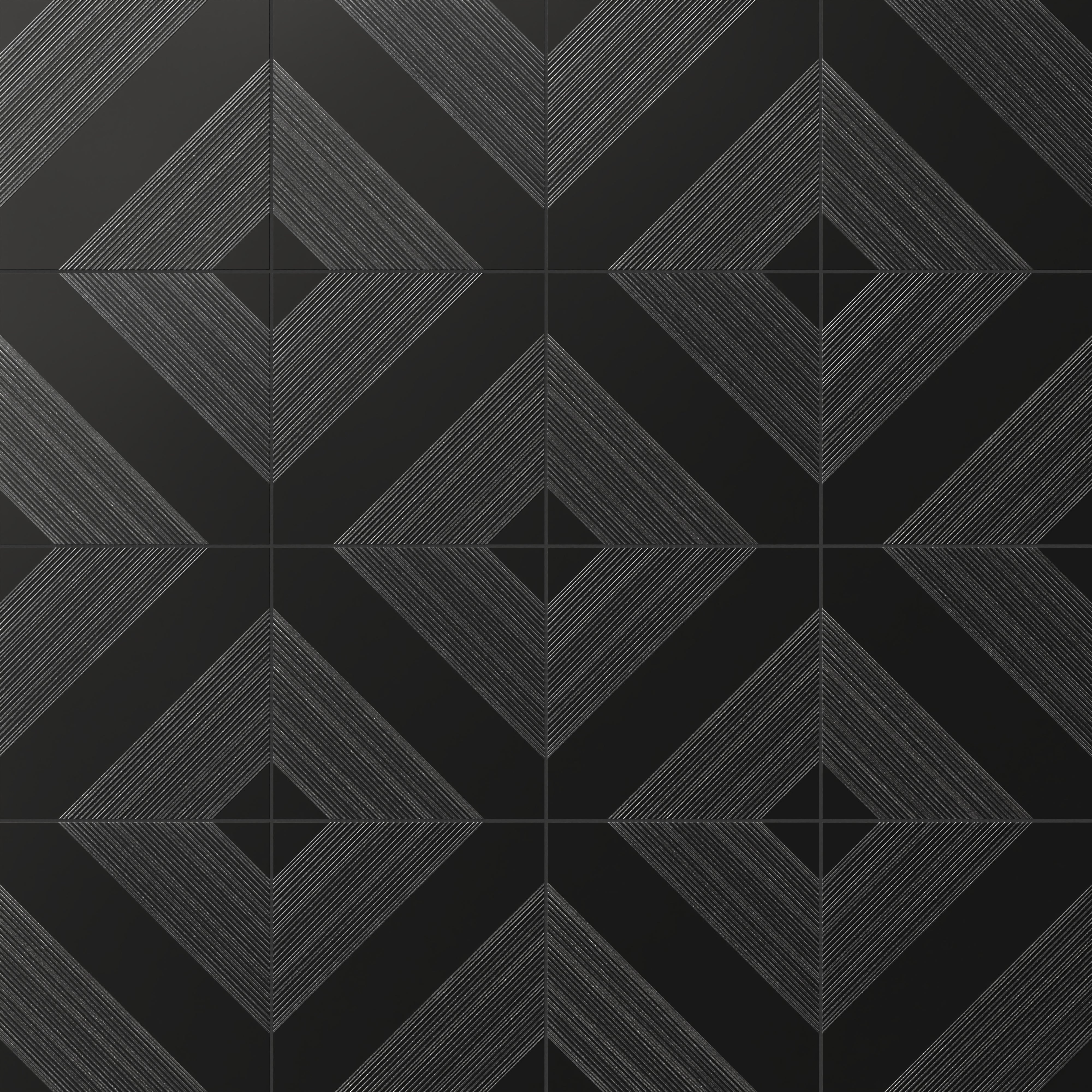 Striking black satin ceramic tiles with sophisticated silver diamond-line patterns, perfect for chic, modern spaces