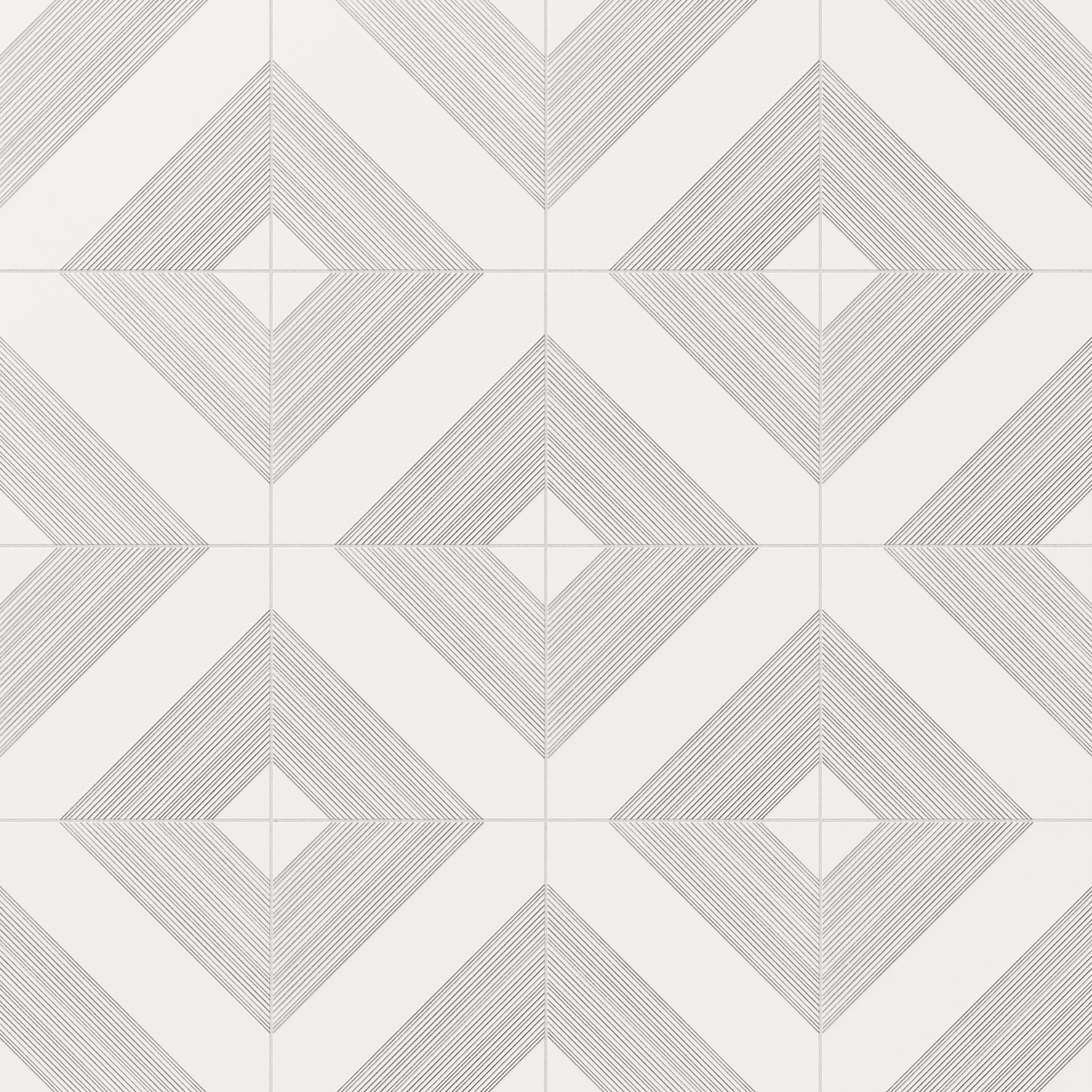 Refined white satin ceramic tiles with intricate silver diamond-line patterns, perfect for creating a sophisticated space