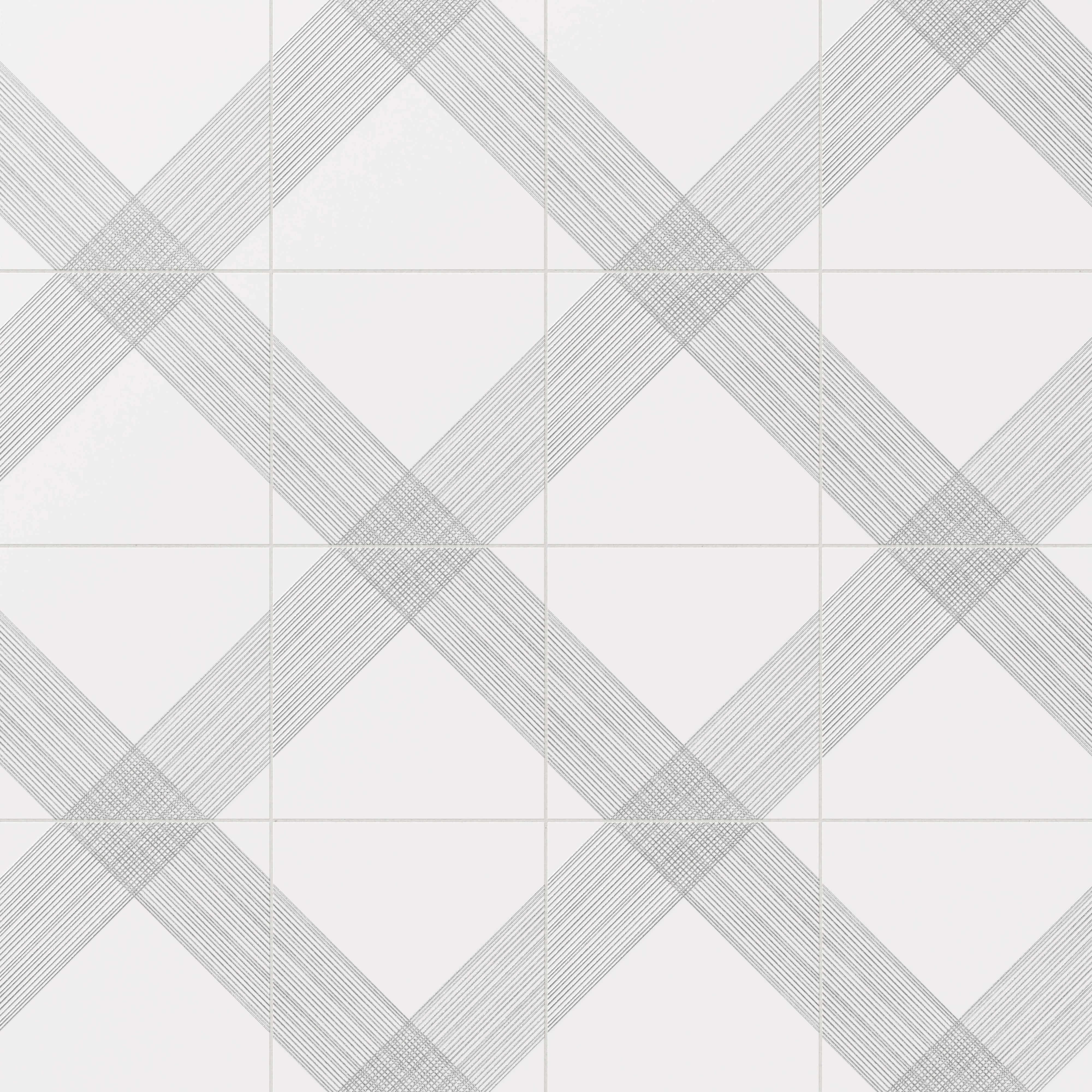 Modern white satin ceramic tiles with sleek silver crisscross designs, perfect for a contemporary aesthetic
