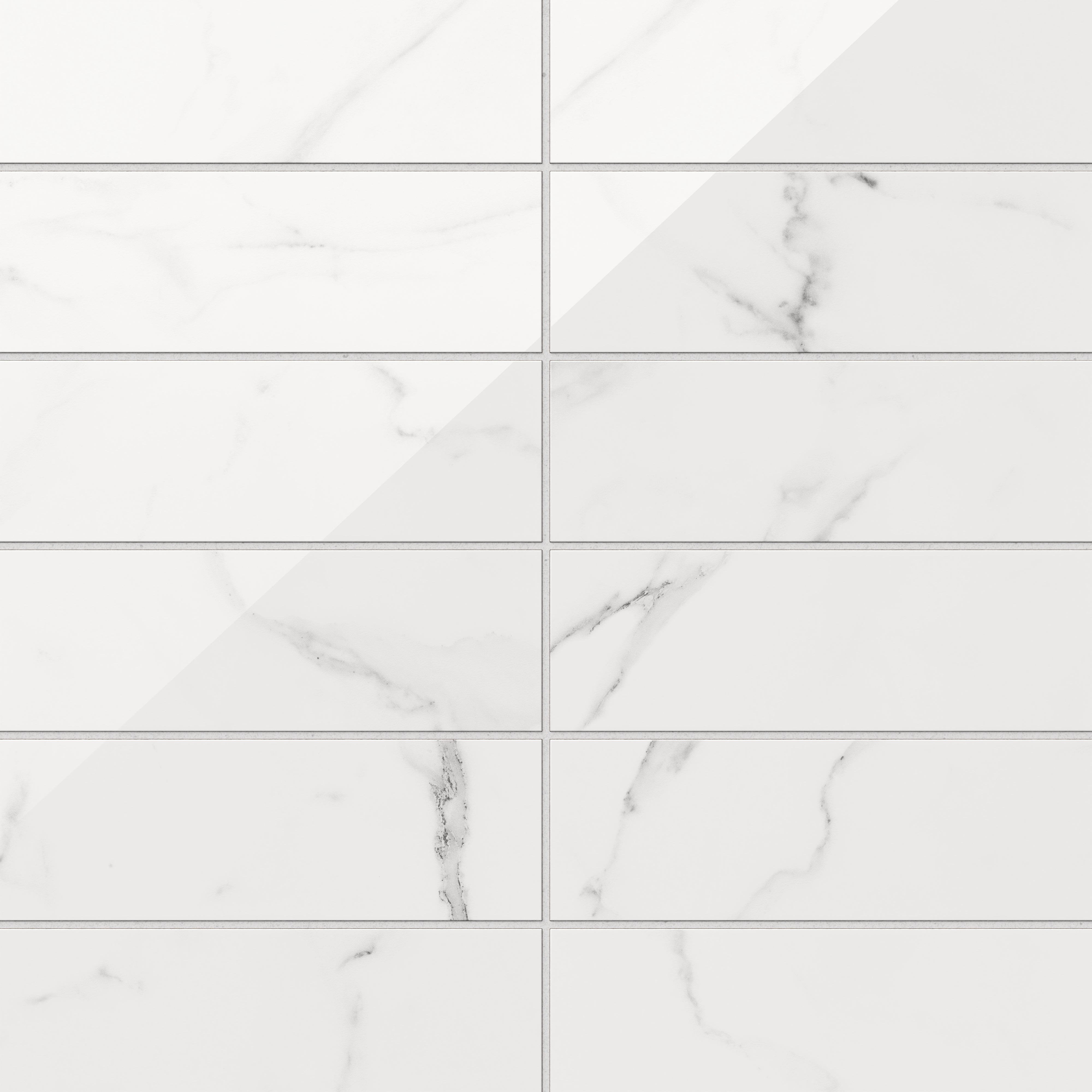Julianna Carrara 4x12 glossy tiles featuring a radiant finish and subtle gray veining for a timeless and luxurious appeal.
