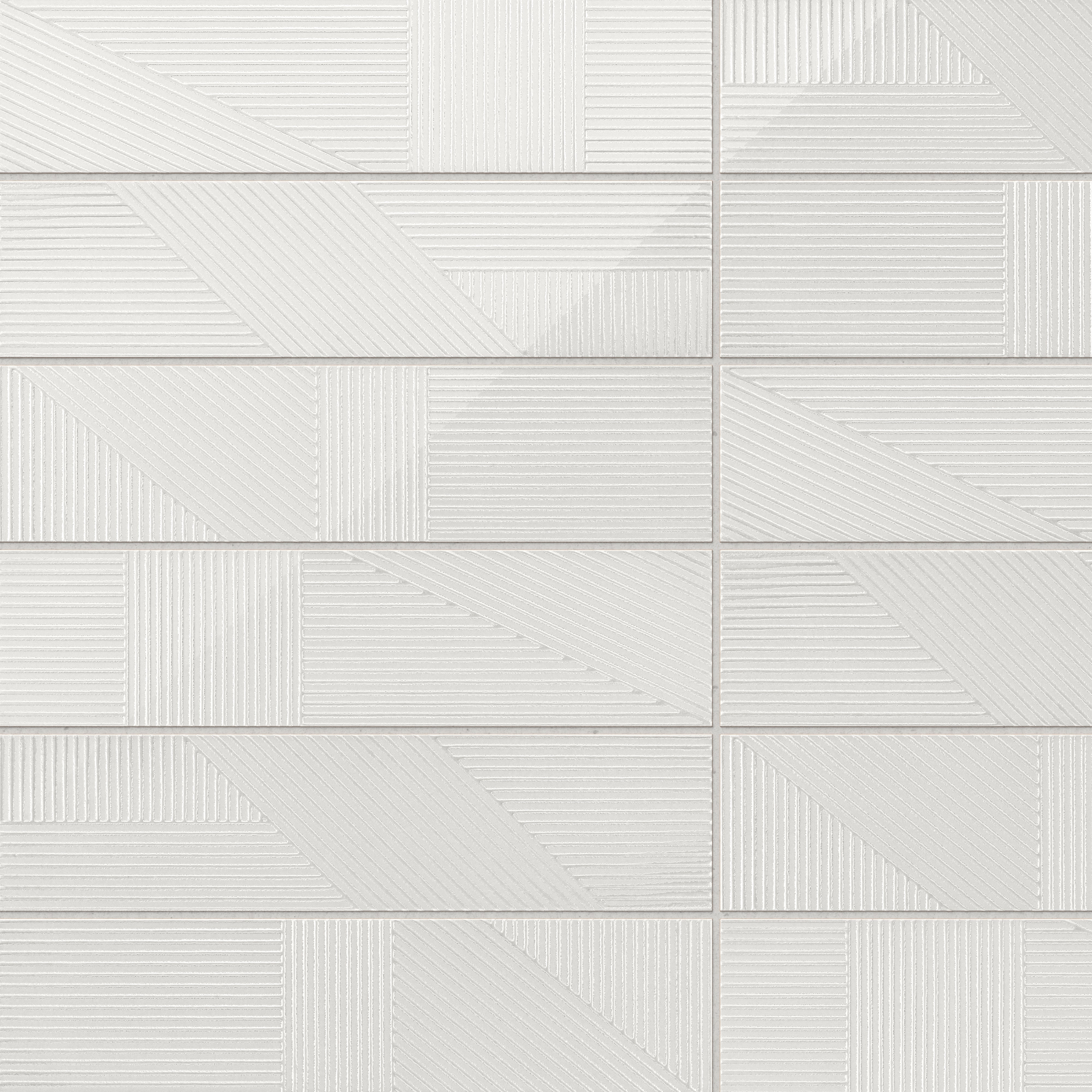 Kinsley 4x16 glossy ceramic tiles in fog deco, featuring geometric textured patterns for a chic and dynamic design aesthetic.