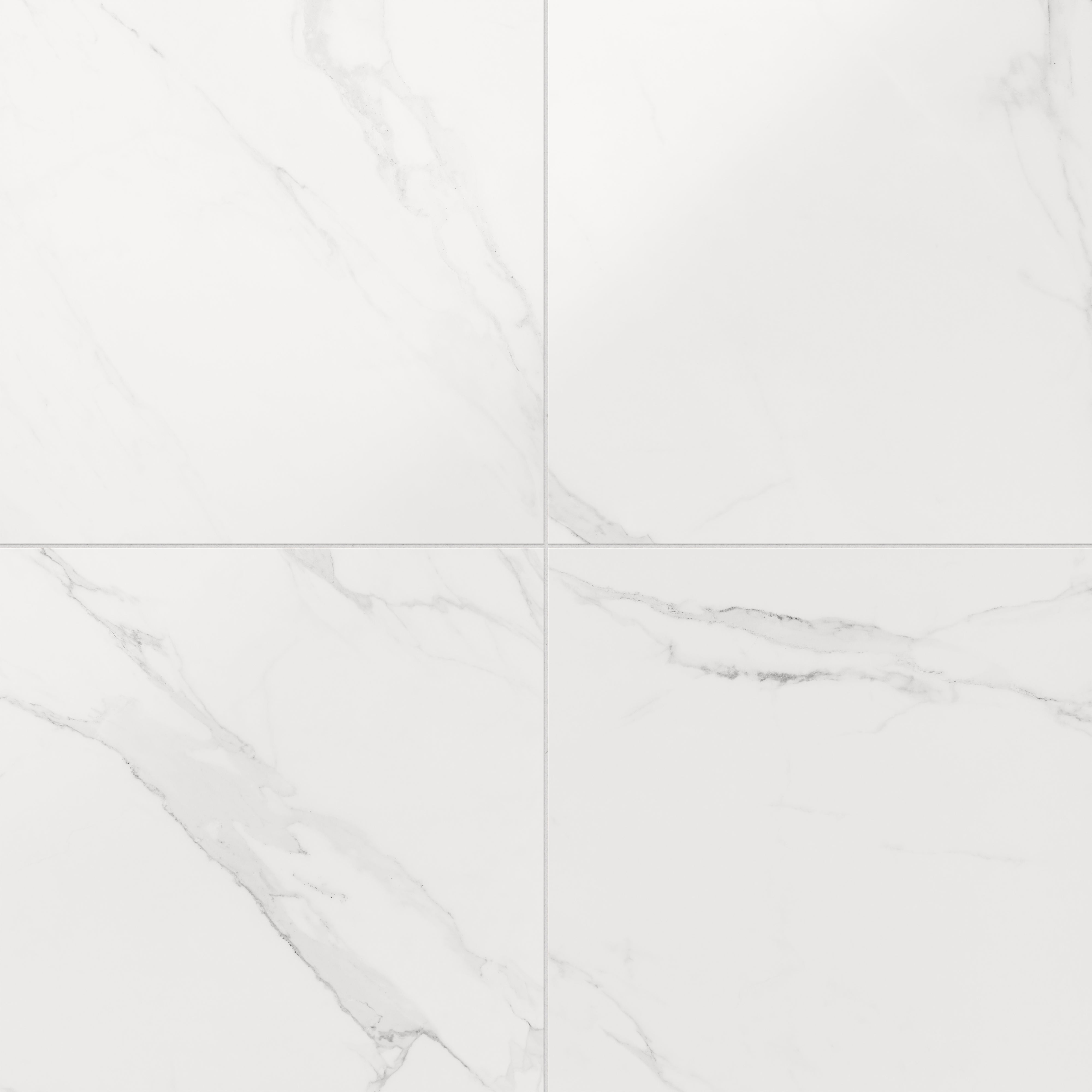 Julianna Carrara 24x24 satin-finish tiles showcasing delicate gray veining on a soft white marble-like surface.
