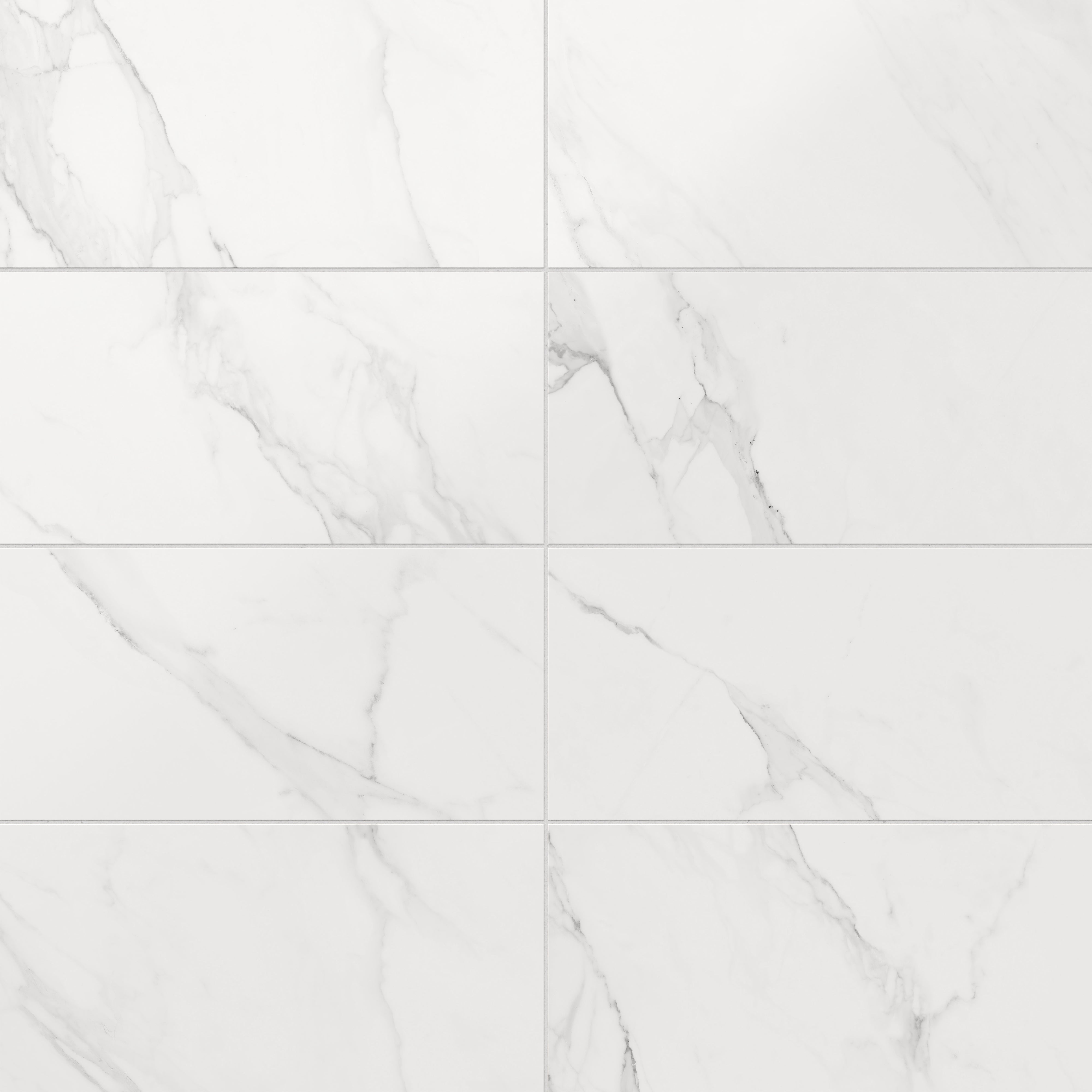 Julianna Carrara 12x24 satin tiles featuring delicate gray veining on a smooth matte white surface for a refined look.