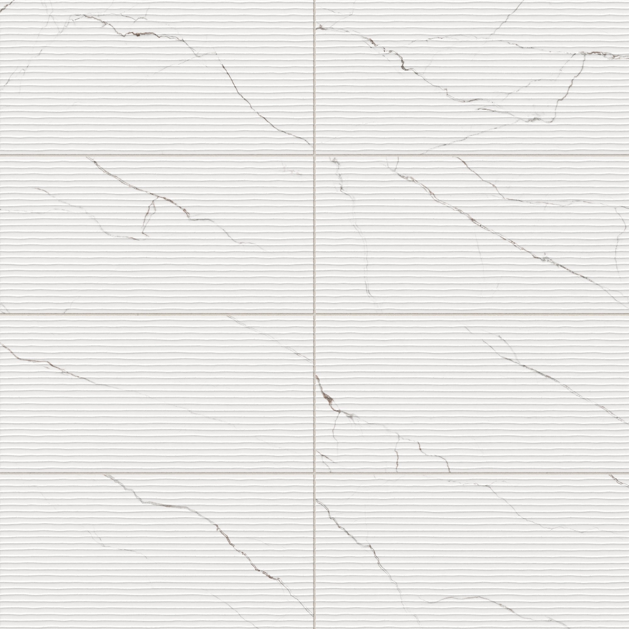 Natalia Calacatta Lincoln Deco 12x24 Matte Tile showcases fine veining and linear details, perfect for a modern aesthetic.