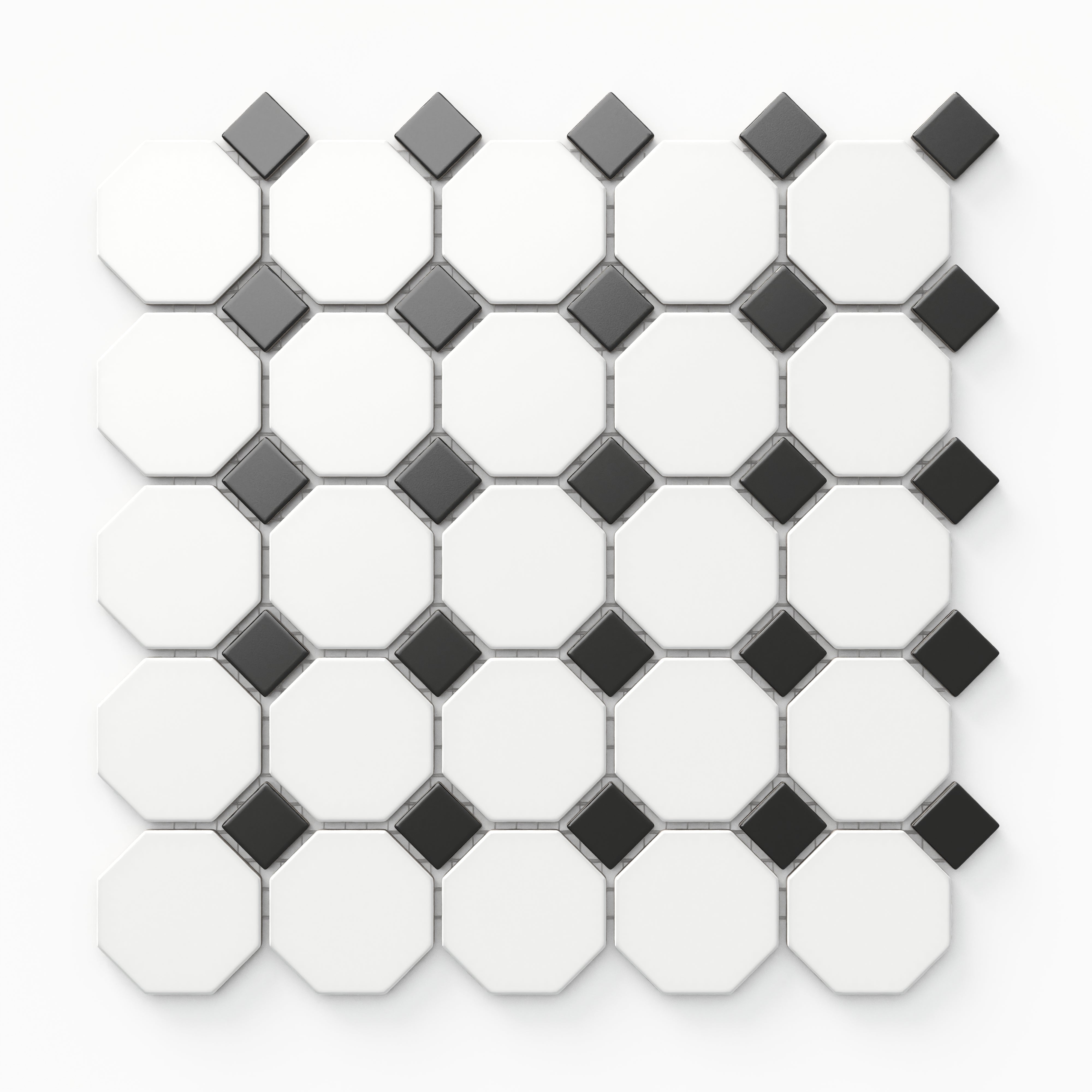 A blend of matte white octagon tiles and sharp black square accents creates a chic, versatile mosaic design that works effortlessly on both floors and walls.